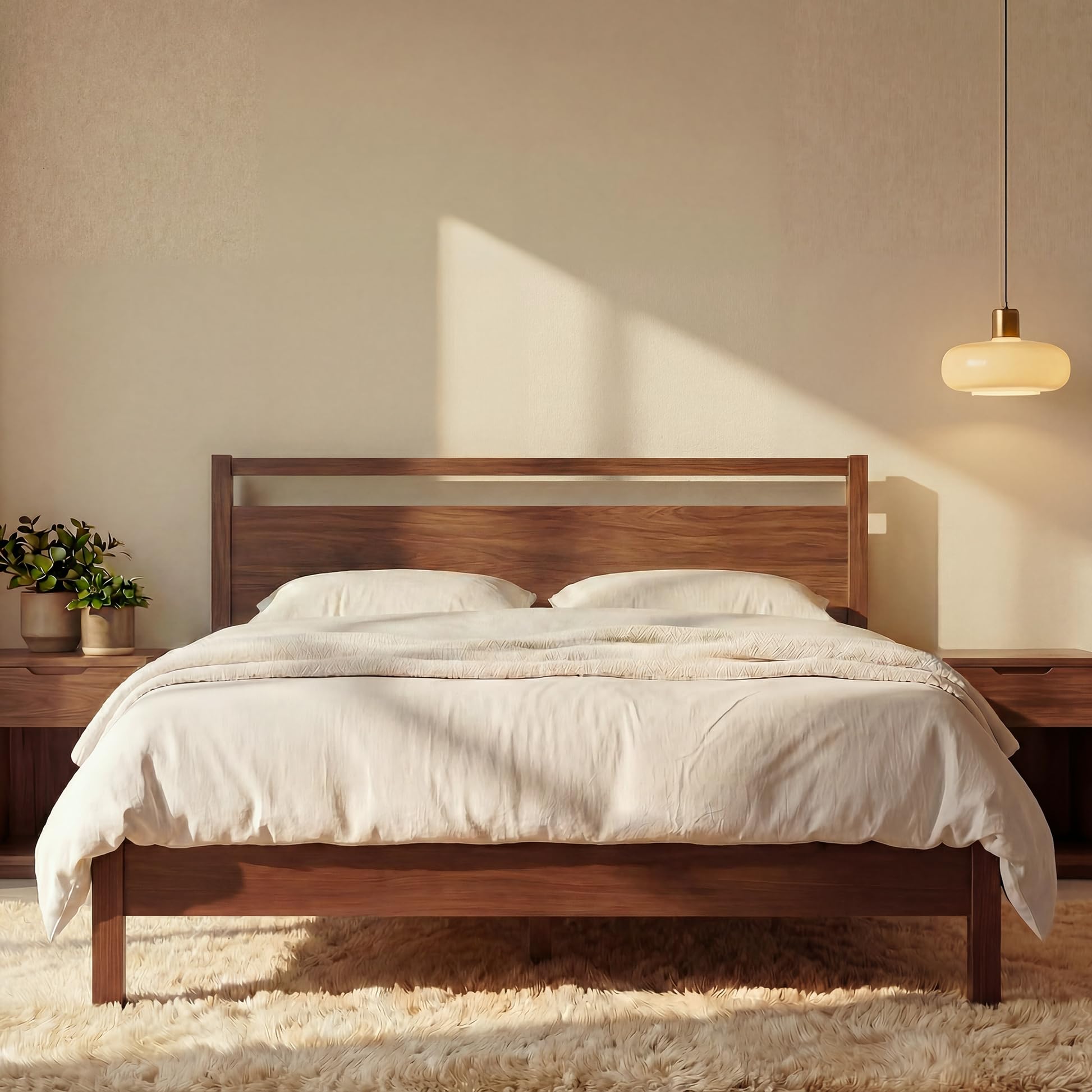 lifement signature wood platform bed frame with headboard, essential, noise free, under bed storage, no box spring needed, easy assembly (cherry, king (u.s. standard))
