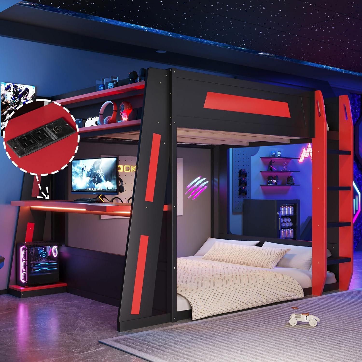 Queen Over Queen Gaming Bunk Bed with Desk & LED Light & USB Charging Station,Solid Wood Gaming Loft Bed Frame with Storage Shelves and Slat Support for Adults,No Box Spring Needed (Twin,Black Red)