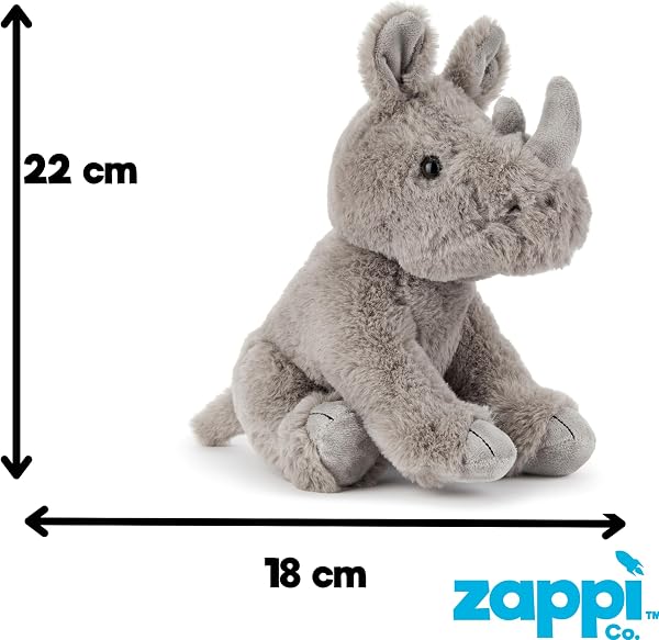 Zappi Co Robin the Rhino Plush Toy Rhinoceros (22cm) Horned Wonder - Soft, Cuddly, 100% Recycled - Mighty African Friend - 3