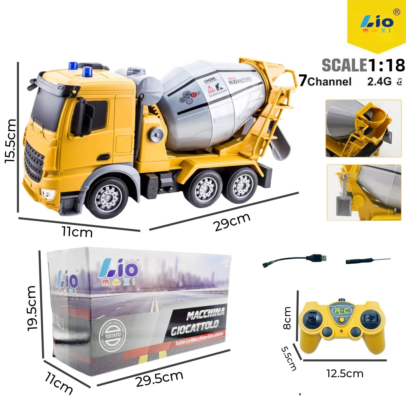 Camion betoniera con tutte le funzioni, giocattolo telecomandato alimentato a batteria, per bambini e bambine, scala 1:24, 6 canali, con luci e suoni