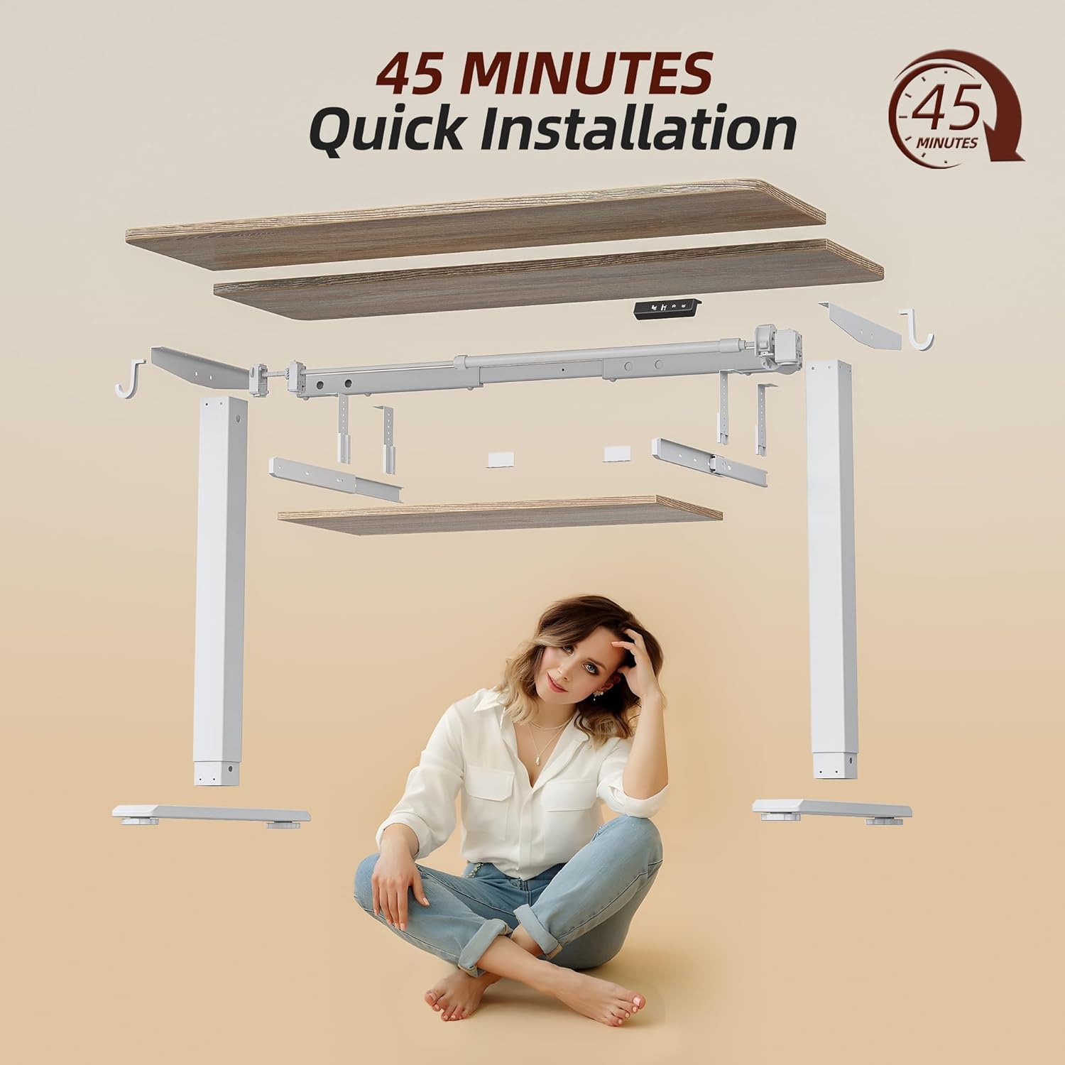 TIQLAB Standing Desk with Keyboard Tray, 47 × 24 Inches Electric Height Adjustable, Sit Stand Up Table, Maple
