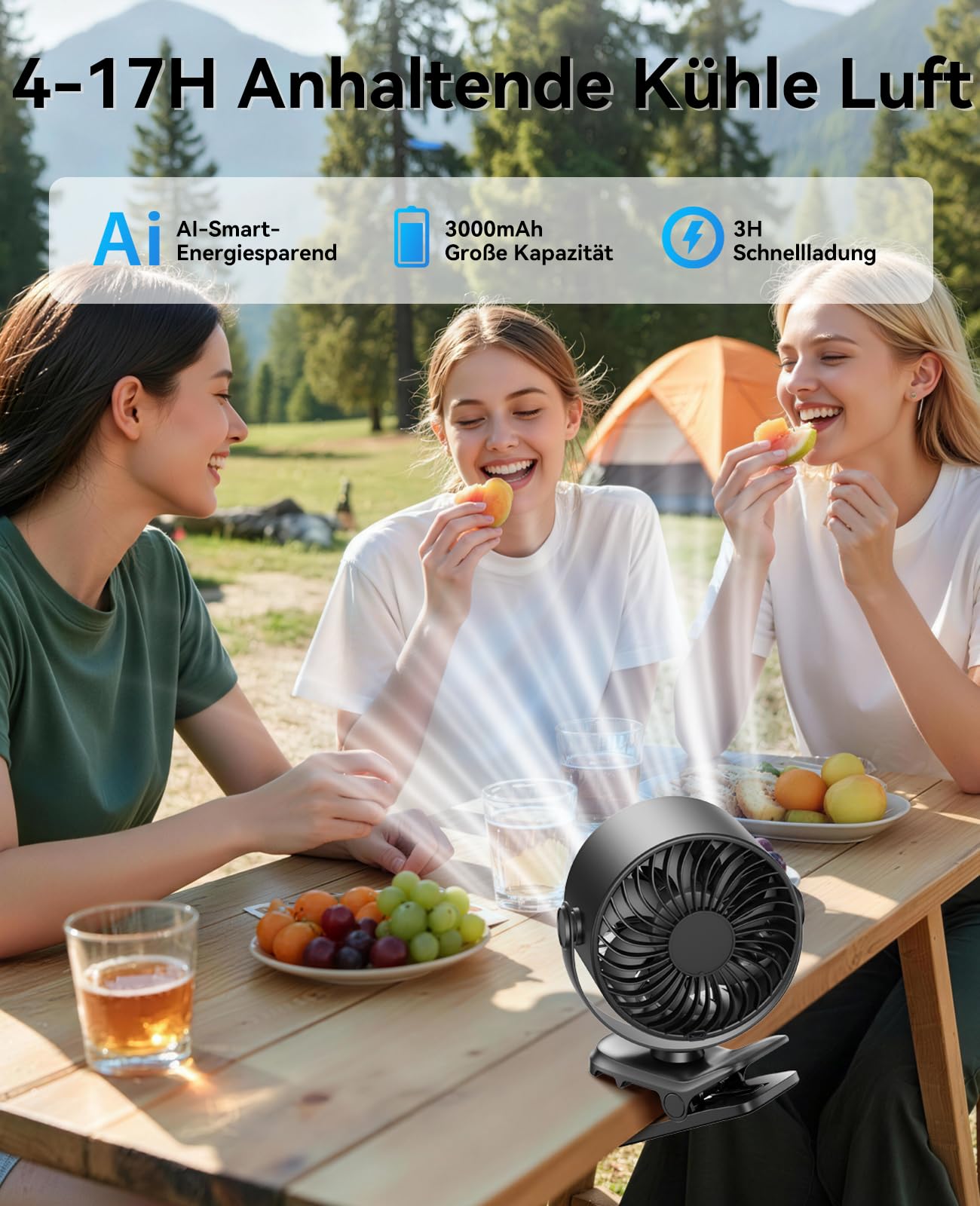 KIMMOO Clip-Ventilator Wiederaufladbar, 100 Stufen USB-Tischventilator mit LED-Display, 360° Rotation & Starker Luftstrom, bis zu 17 Std. Akku-Laufzeit, Kleiner Ventilator für Camping (Schwarz)