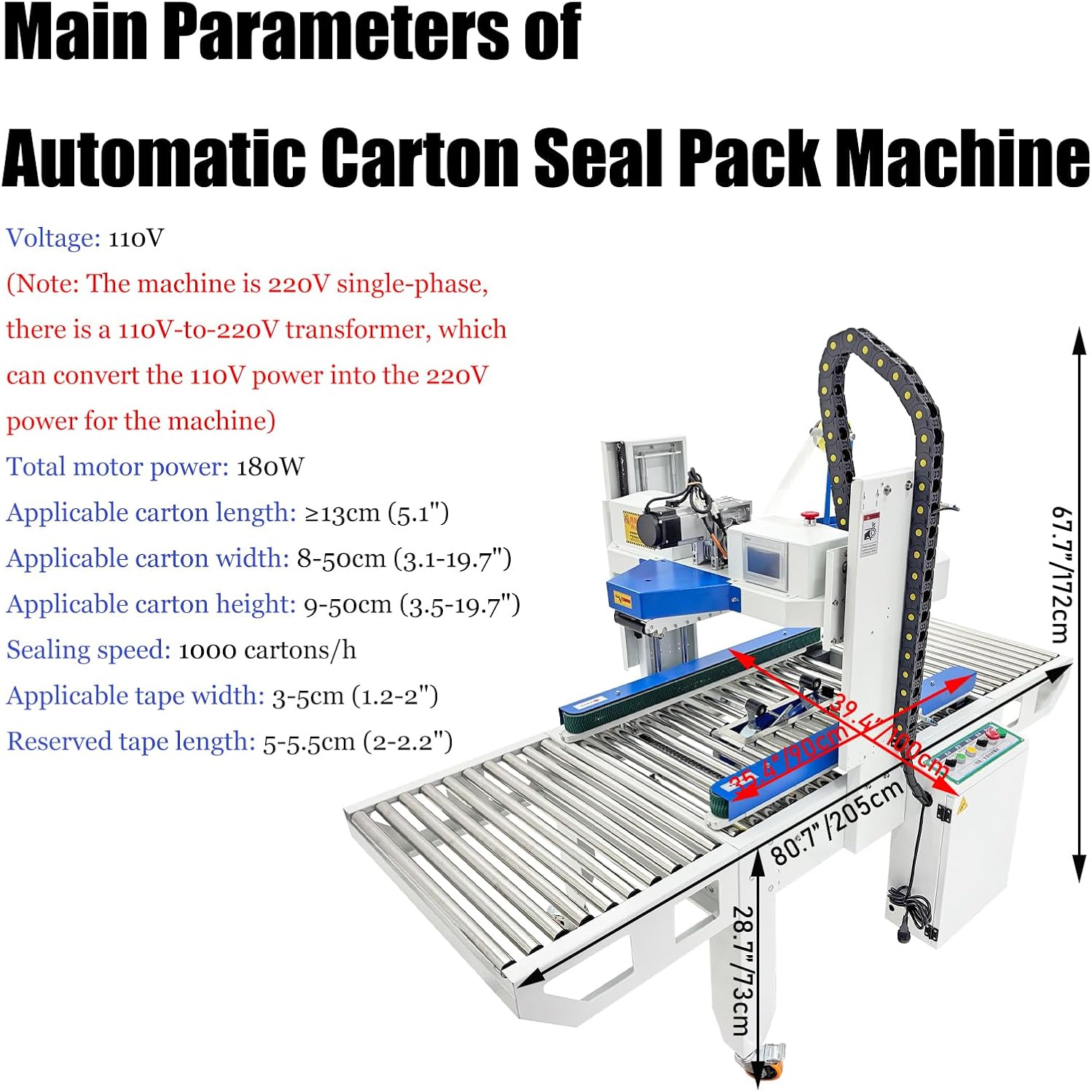 Automatic Double-Flap Case Sealer Automatic Carton Sealing Packing Machine Box Carton Sealing Packing Machine with 8-50cm (3.1-19.7") × 9-50cm (3.5-19.7") (W×H), 110V with A Transformer