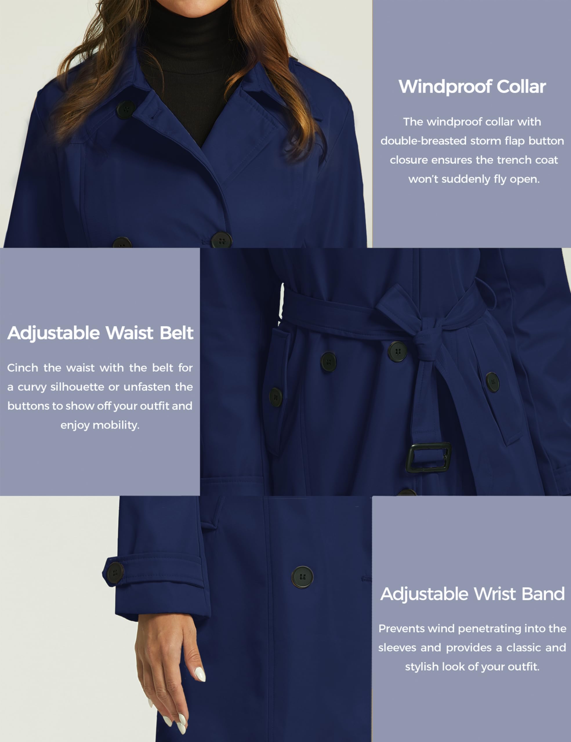 Wantdo Cappotto Donna Primaverile Leggero Classico Trench Doppiopetto Lungo Parka Impermeabile Antivento Trenchoat con Cintura