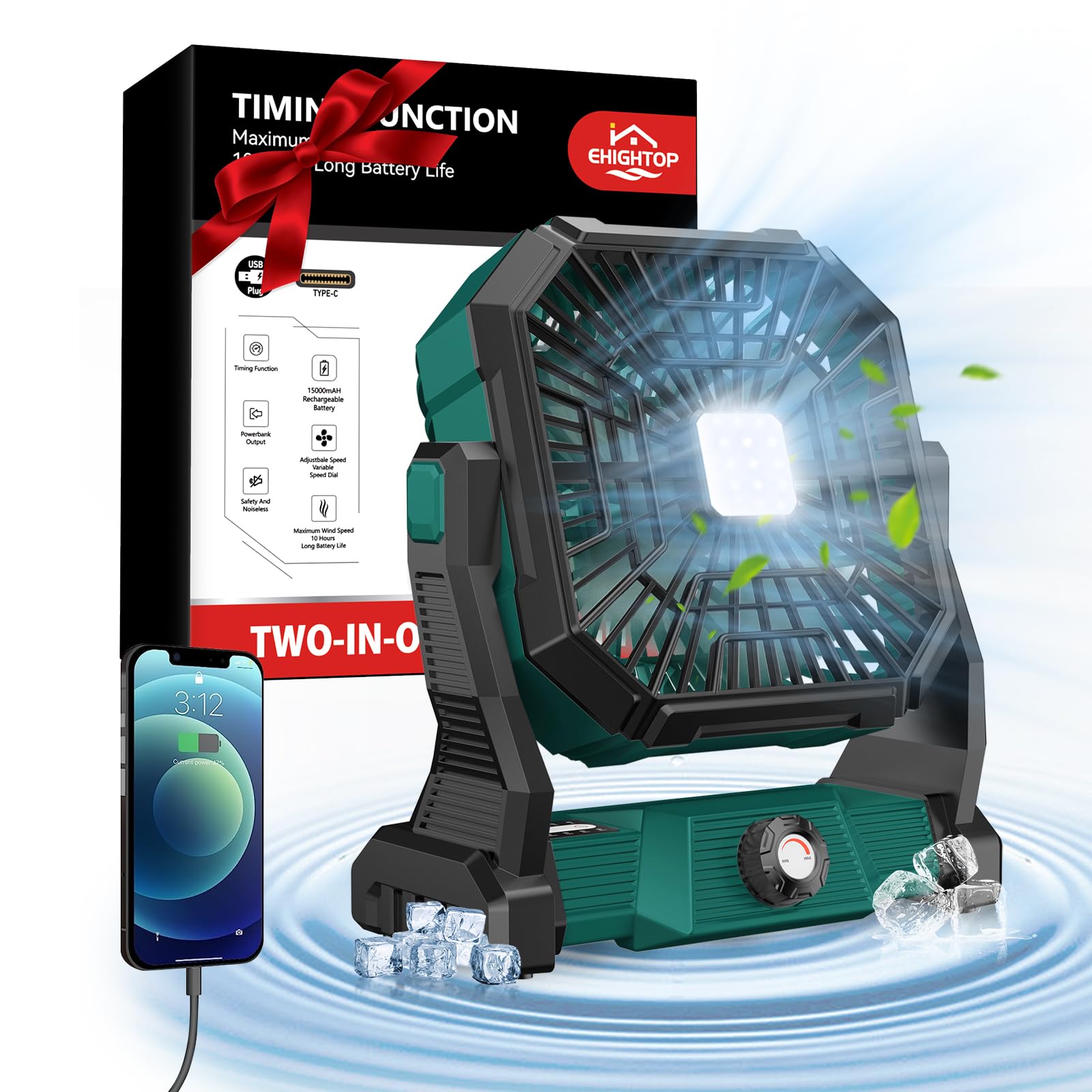 EhightopEhightop Camping Lantern Rechargeable, Portable Battery Operated Camping Fan for Tents, Hangable USB Silent Camping Fans with LED Lantern, Suitable for Fishing, Camping, Bedroom, Workplace