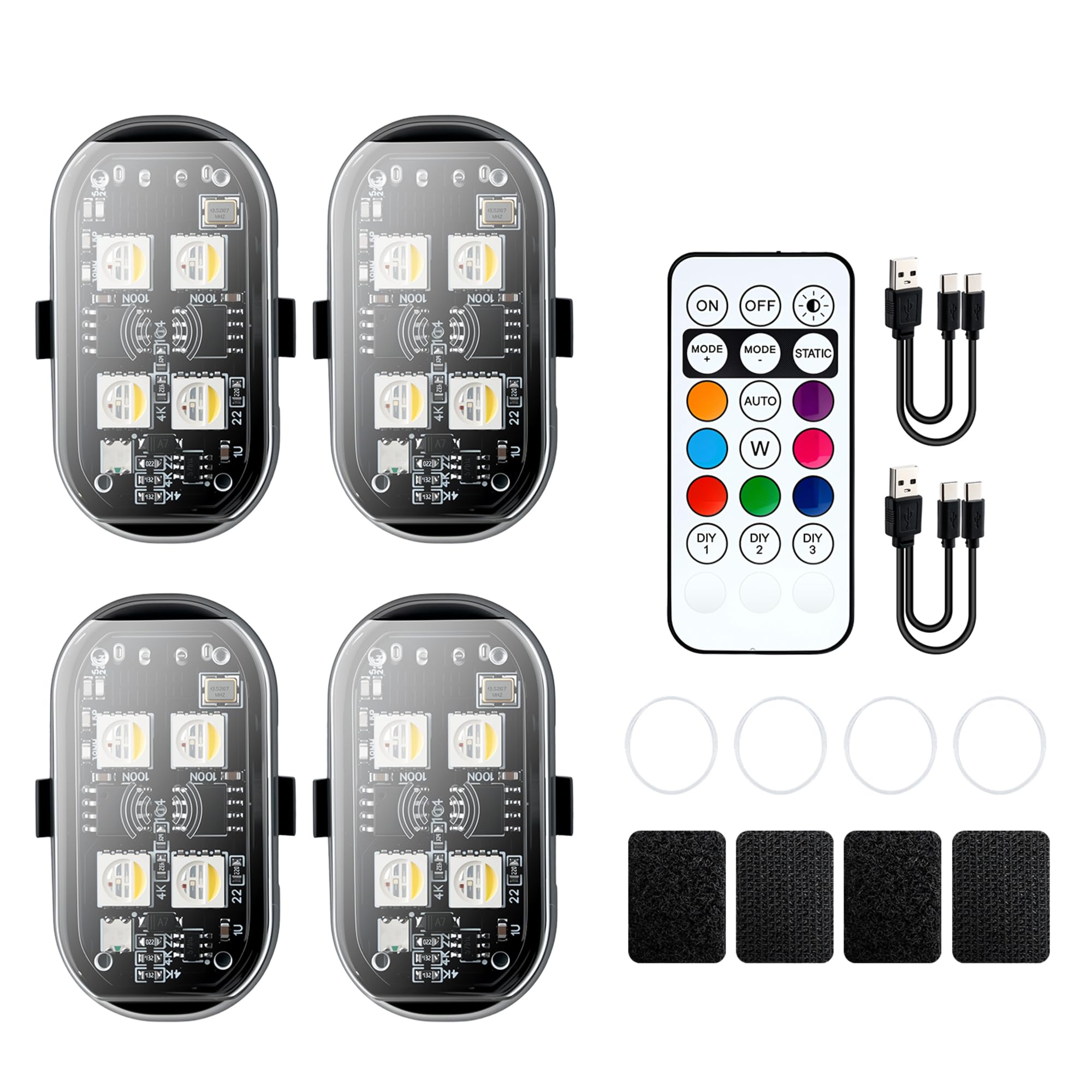 Mcbazel Upgrade 4Pcs Wireless LED Strobe Lights (4 Lamp Beads, Lasts Longer), 8-Colors USB Waterproof Anti-Collision LED Car Flashing Warning Light with Remote for Cars, Bikes, Motorcycles, RC Cars
