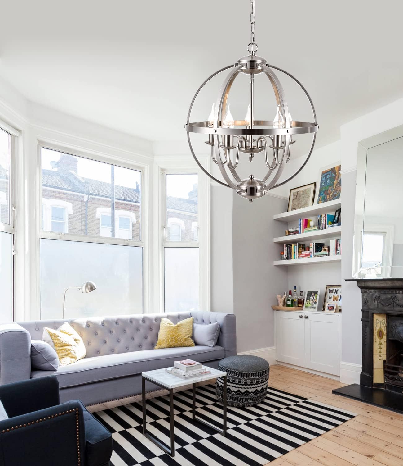 Modern Dining Room Light Fixture 5 Light Sphere Chandelier Brushed Nickel Farmhouse Light fixtures for Dining & Living Room, Foyer and Kitchen, Hallway and Entryway…