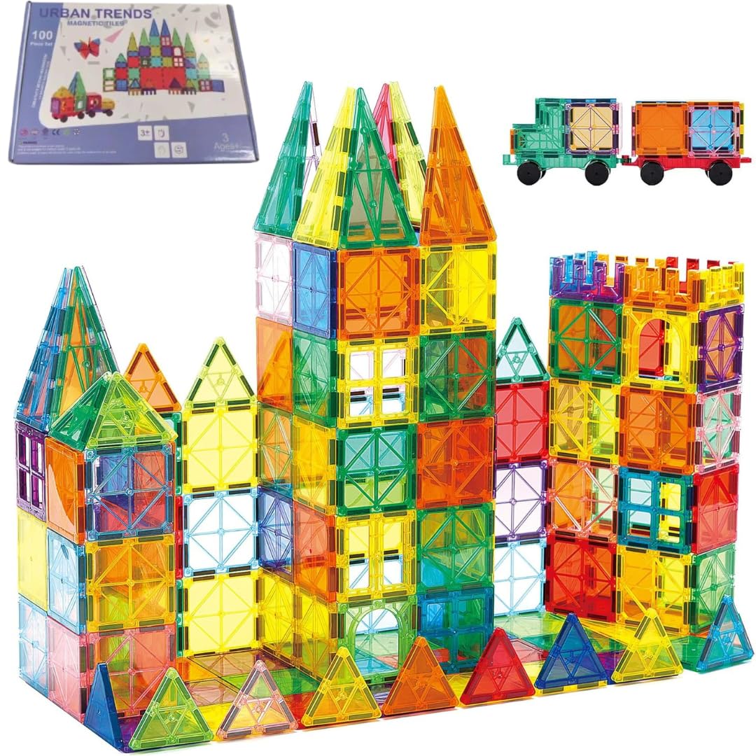Magnetic Tiles for Kids - 100 Piece Building Blocks Set includes 2 Car Bases Toys - Durable and Strong Magnetic Building Blocks for Ages 3+ - STEM Construction Toys - Travel Game - Gift for Kids