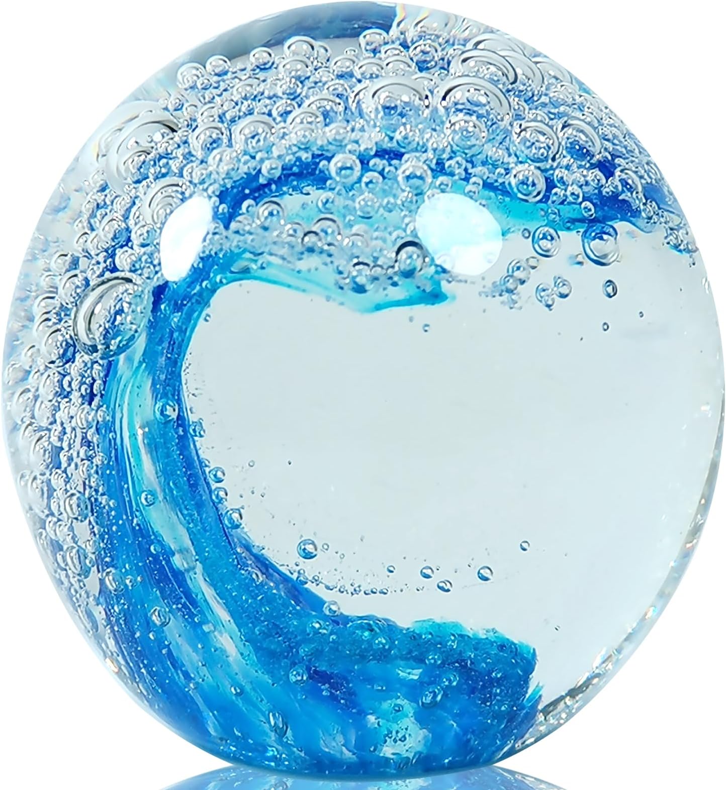 Ocean Wave Glass Ball - Hand Blown Unique Gift for Beach Lovers,3.15 Inch Art Sculpture, Sea Glass Paperweight for Beach & Coastal Home Decor