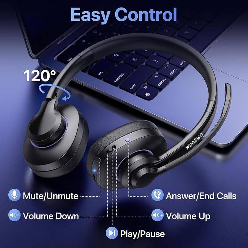 Weatwo Bluetooth Headset CVC8.0 Zajszűrő Dupla Mikrofonnal, 30+ Óra Beszédidő, Vezeték Nélküli Fülhallgató PC Mobil Irodai Használatra