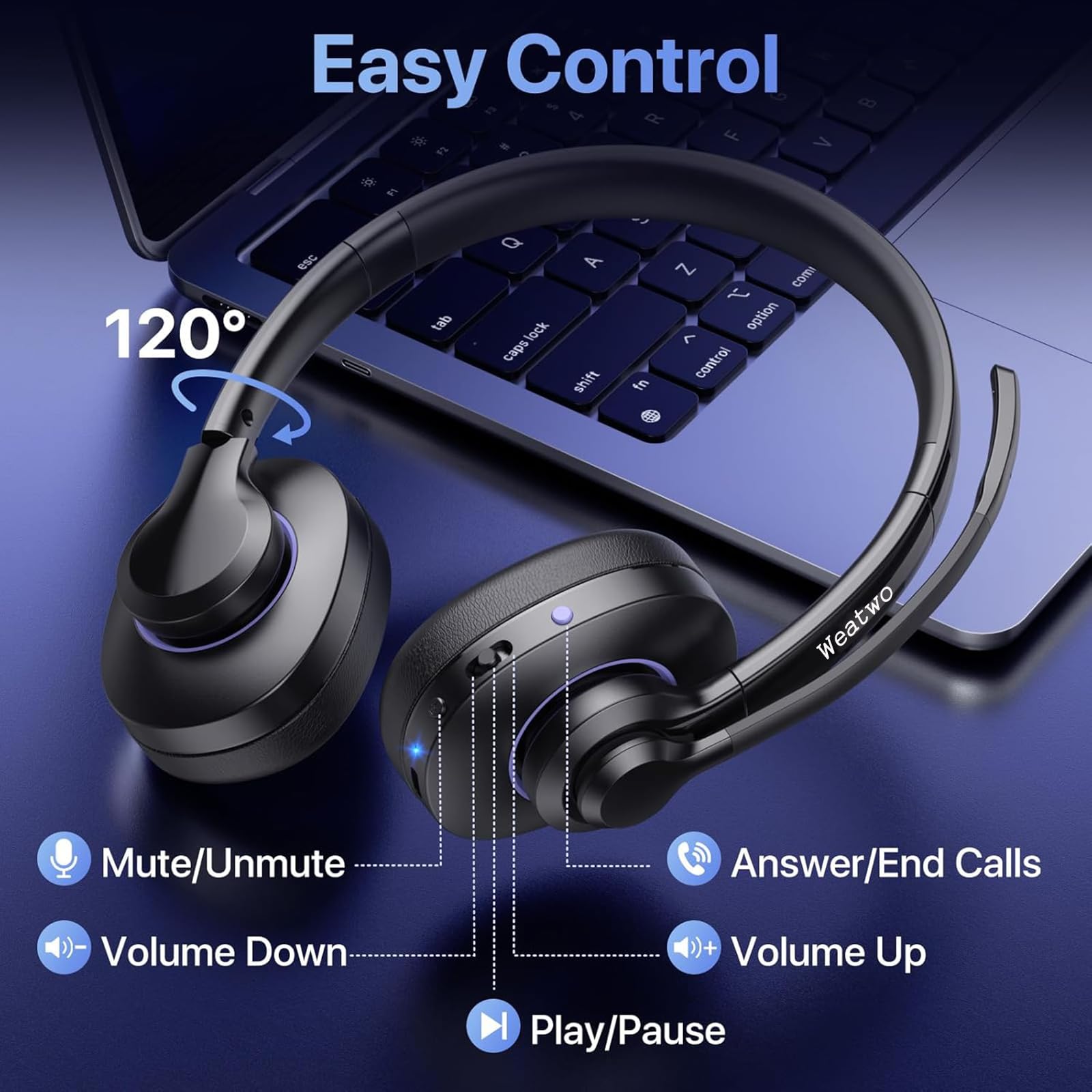 Cuffie wireless classe 1 V5.1 Bluetooth con doppio microfono CVC8.0 con cancellazione del rumore, cuffie wireless per telefoni cellulari, PC, squadre, zoom, casa, ufficio, 30 ore di conversazione