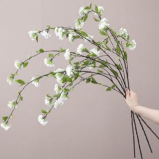 4 Pcs Artificial Plants Flowers 43" Faux Greenery Long Stem Branches for Vase Realistic Silk Fake Snowball Viburnum Artificial Hydrangea Flowers for Tall Vase Home Table Decor(White)