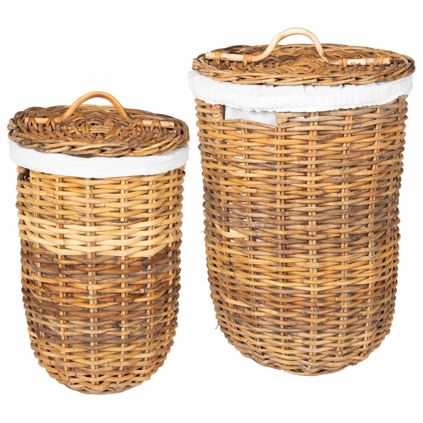Generico Wäschekorb 2 Stück Braun Rattan Kubu mit Deckel, Set mit 2 Wäschekörben aus Naturfaser mit Belacu-Stoffbezug und Griffen, Größe 42 x 60 cm