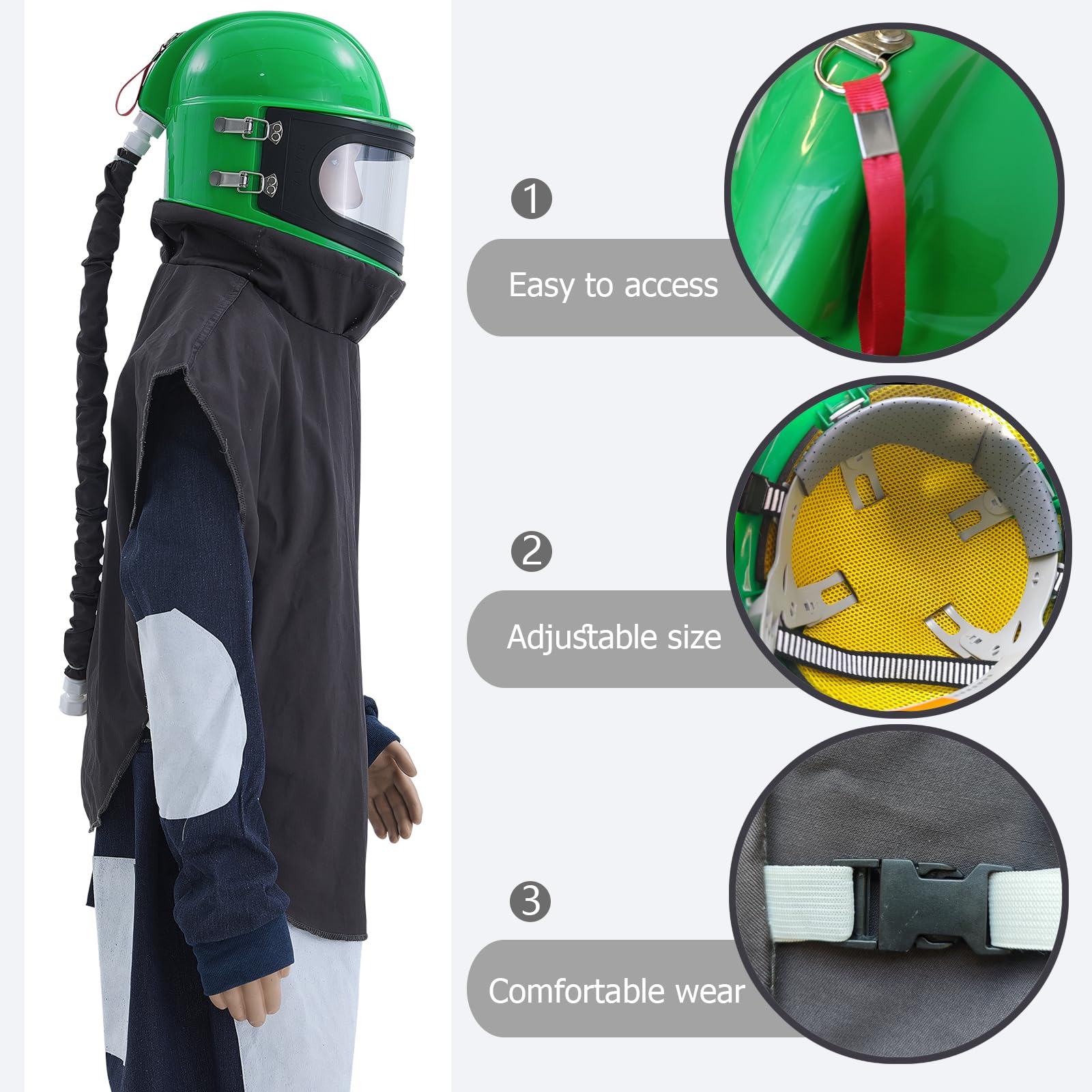 Capucha profesional verde con 5 lentes reemplazables, casco de chorro de arena a prueba de polvo, se adapta a trajes de protección. Ideal para chorro de arena, pulverización, molienda, corte