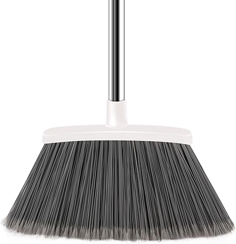 Escoba vertical extragrande mejorada de 56.7 pulgadas de largo, cerdas blancas con flores para limpieza mejorada en interiores y exteriores, mango