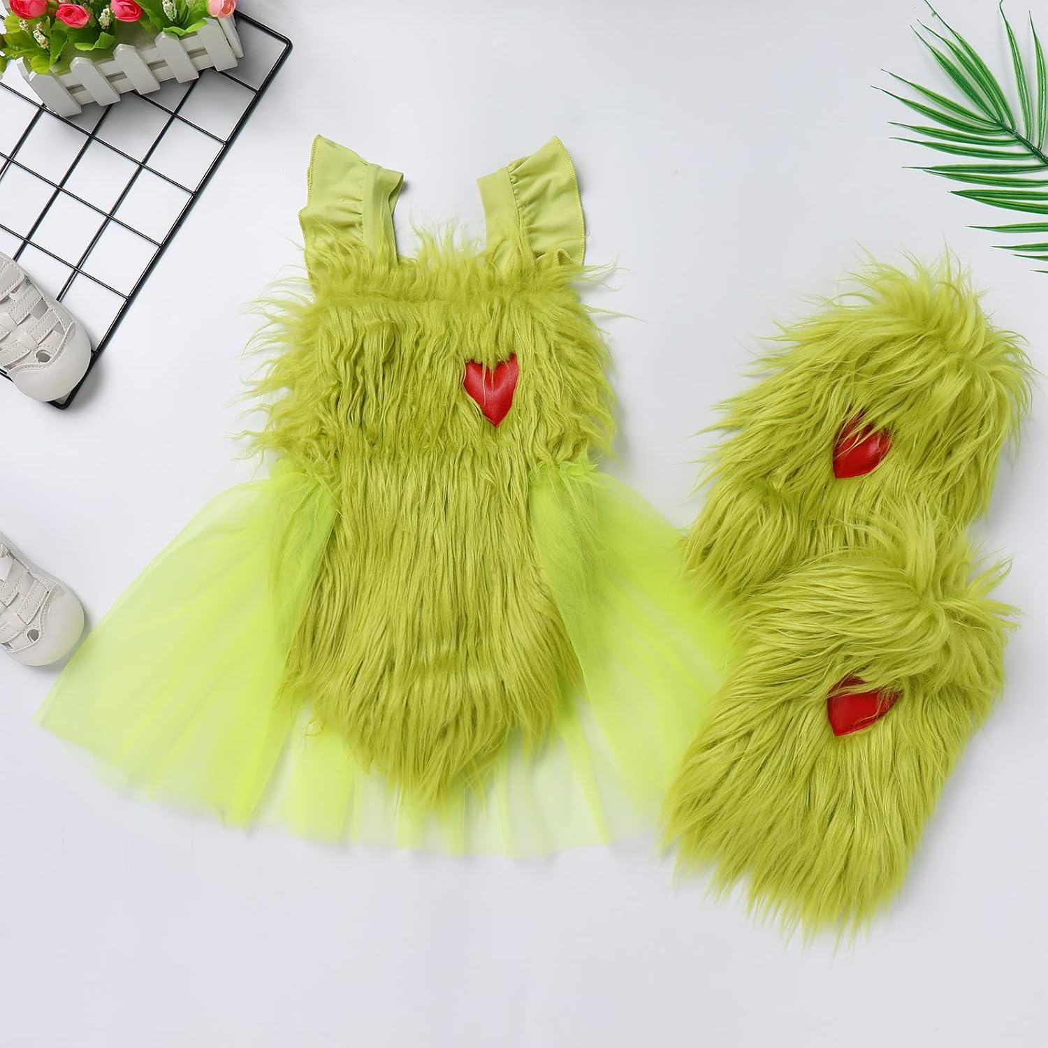 OBEEII Infant Baby Girl Christmas Outfit Furry Sleeveless Romper Dress with Socks 2pcs Set - Image 2