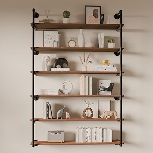 Estantes industriales de 6 niveles con tablones de madera, estantería de tubo de hierro de 48 pulgadas, estantería retro montada en la pared,