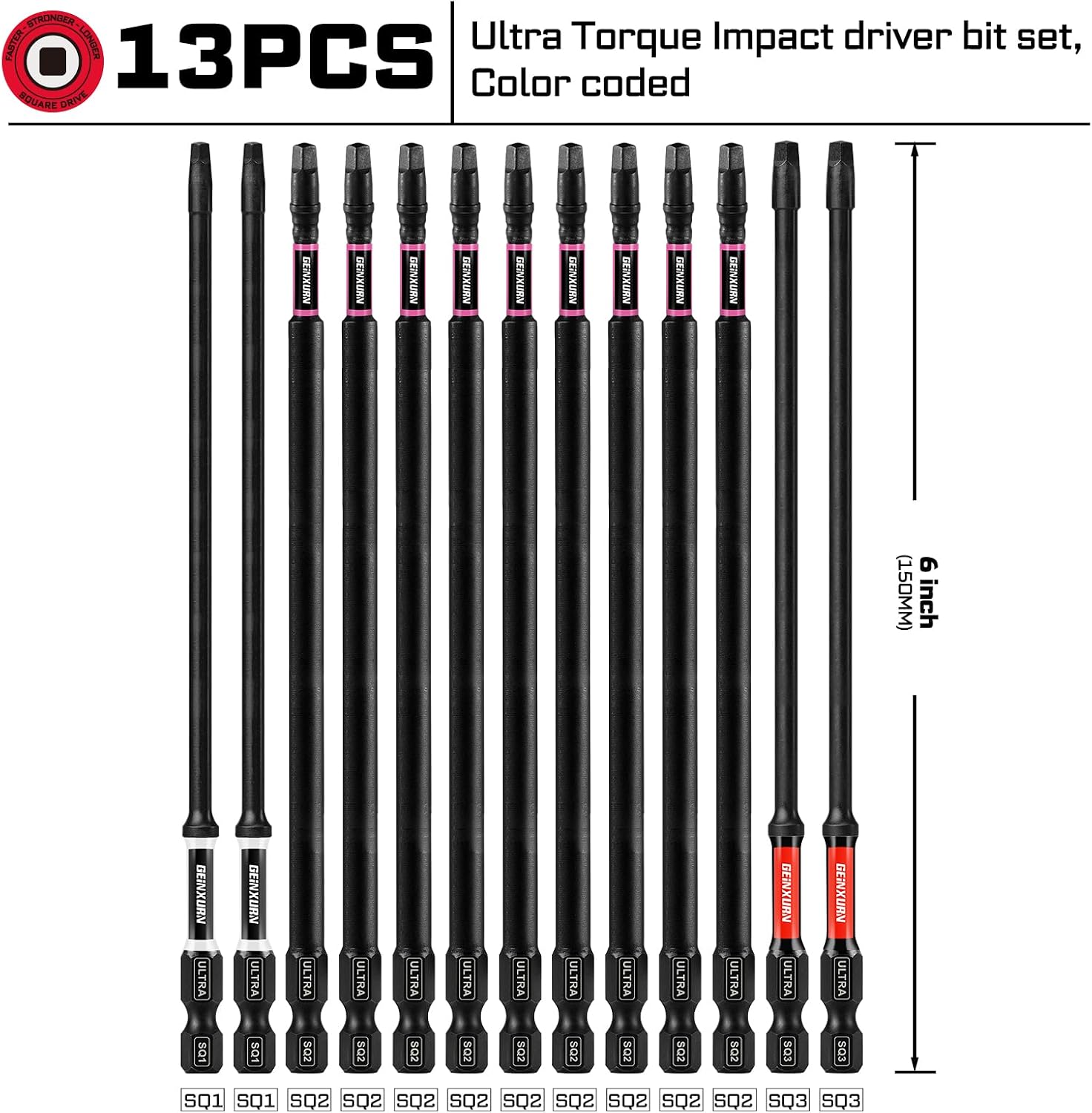 Geinxurn Double Impact #1#2#3 Square Screwdriver Bits Set, 13pcs 6” (PH1/PH2/PH3) Magnetic D2 Steel Long Extension Driver Bits Set with Color Coded Base