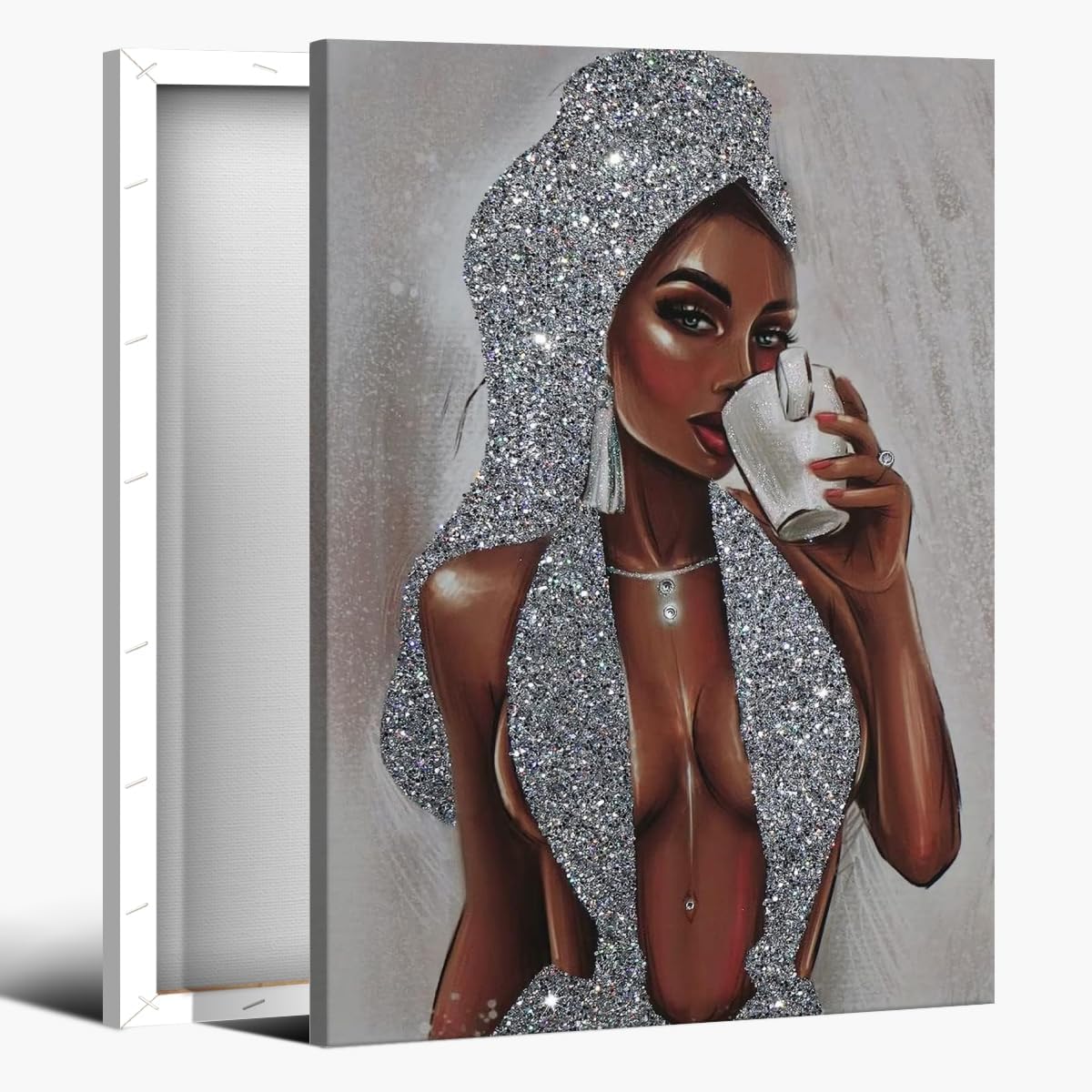 African American Black Women Wall Art Girl Popular Canvas Print Painting Black Woman Silver Glitter Textured Posters for Home Living Room Bethroom dorm Bathroom Wall Decor 16x24inch Framed