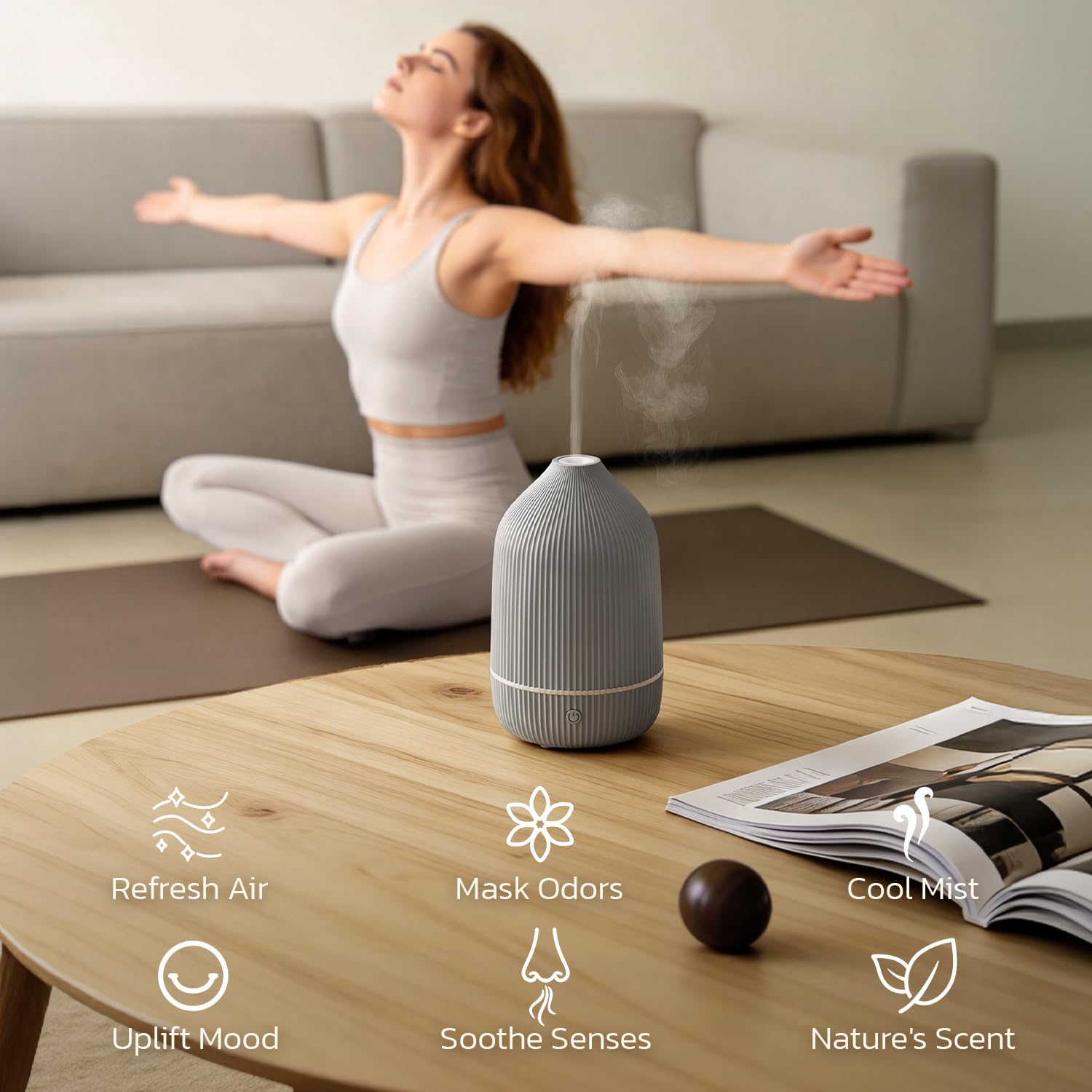 SALUBRITO Aroma Diffuser, 100ml Grau Diffusor für ätherische Öle, Ultraschall Aromatherapie Diffuser, Klein Diffuser für Zuhause Büro Yoga, Geschenk für Frauen