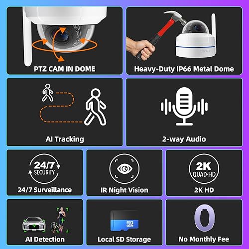 Miniatura 2 de xmartO AI Tracking Techo CAM 2K HD Metal Dome PTZ Cámara de seguridad inalámbrica con seguimiento automático, audio bidireccional y visión nocturna