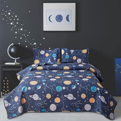 Miniatura 9 de Juego de colcha de 3 piezas para niños y niñas, diseño de galaxia y aventura con fundas de almohada, diseño de cohete y planeta, juego de ropa de