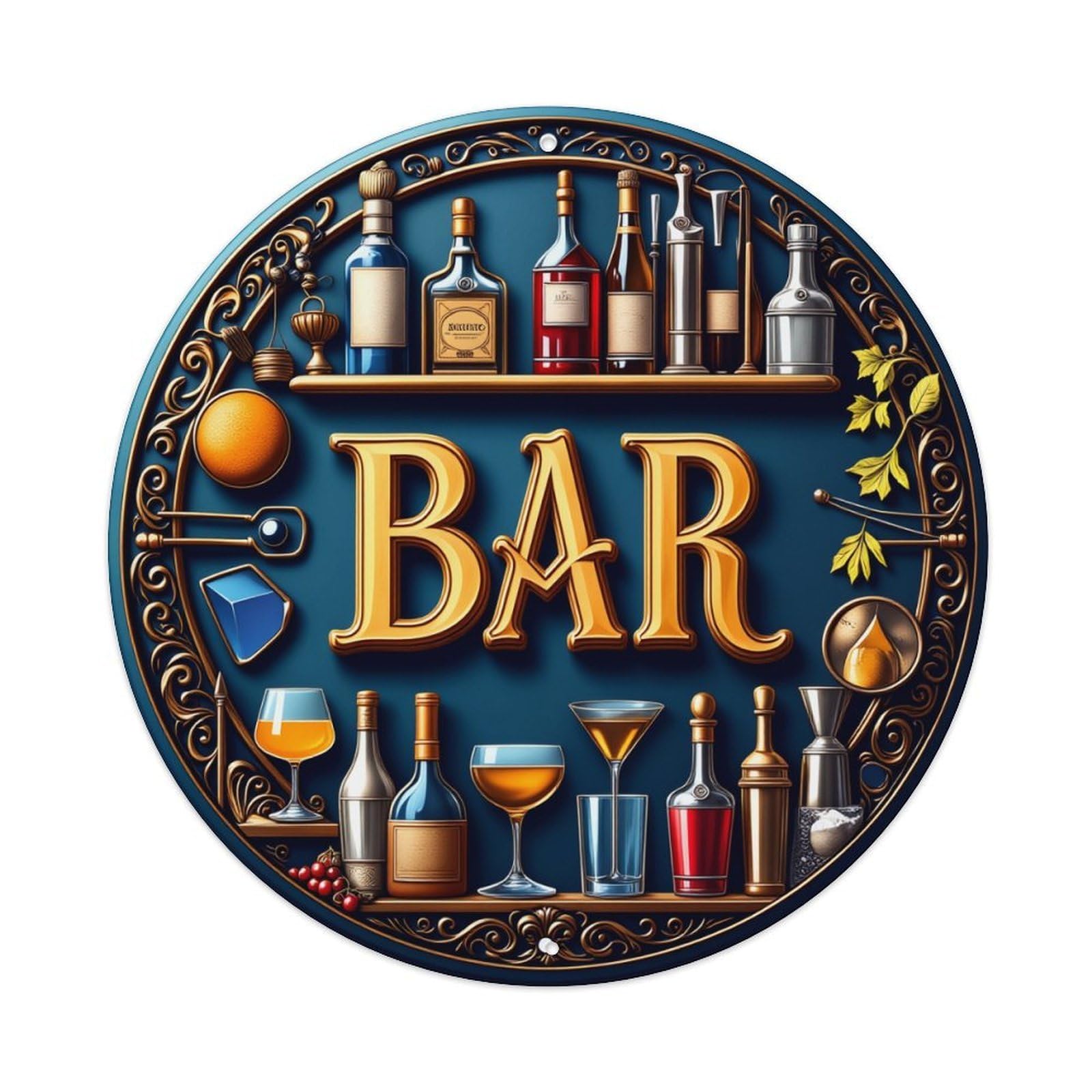 Bar Bottle Glass Cocktail Shaker Round Tin Sign Vintage Metal Poster, Home Bar Garage Man Cave Cafe Indoor & Outdoor Wall Decoration 8x8Inches