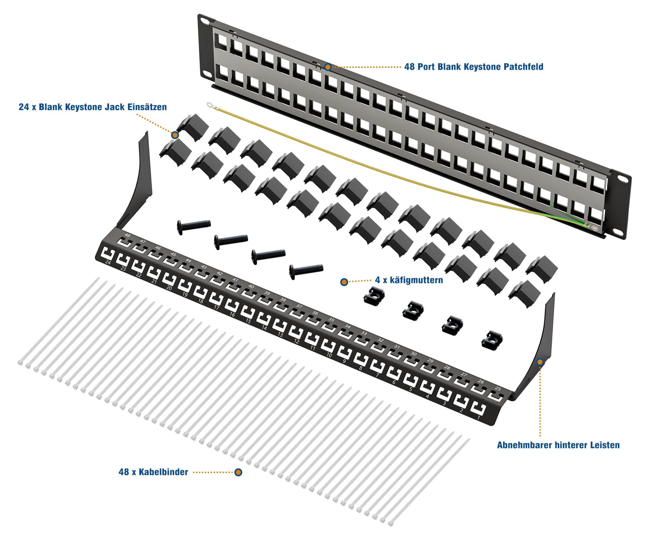 Iwillink Panel de conexión en blanco de 48 puertos para módulos Keystone, 2U, 19 pulgadas, con 24 insertos en blanco Keystone Jack, compatible con CAT6 CAT6A, CAT7 y CAT8