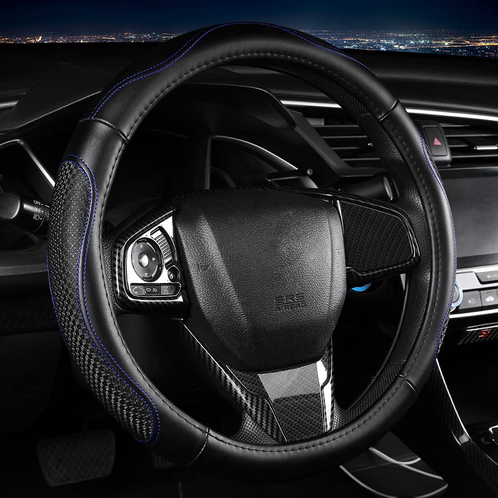 Photo 1 of Leather Steering Wheel Cover - Car Steering Wheel Cover 15 inch Universal Fit Microfiber Steering Wheel Cover Anti-Slip, Soft, Breathable, Full Surround Car Wheel Cover Blue