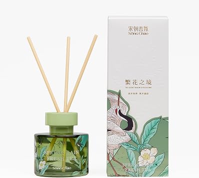 Song Chao Hand-Painted Gardenia Reed Diffuser Natural Essential Oil Scent with Greenery & Pear Accents Artistic Glass Bottle for Home Decor SpringRain Clear Tea Fresh Tea