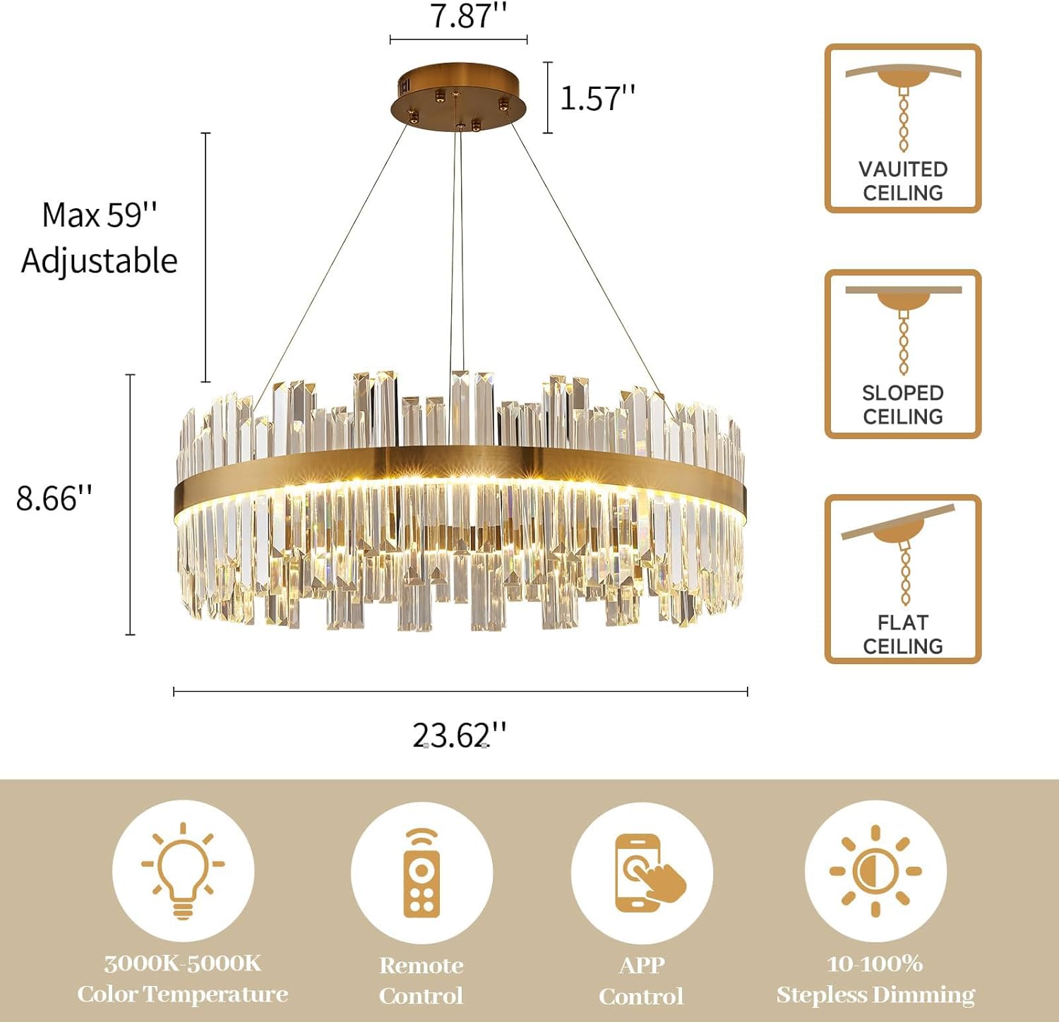 Gold Modern Crystal Led Chandelier: 23.6" Dimmable K9 Crystals Chandeliers over Table - Golden Luxury Glass Round Chandelier - Height Adjustable Drum Chandelier with Remote for Dining Room Living Room