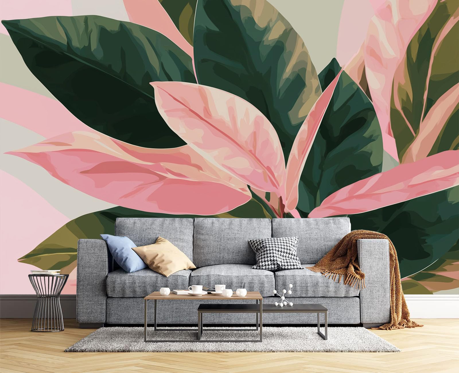 Papier Peint Motif Feuilles De Bananier Aquarelle Tapisserie Panoramique Grand 3D Plantes Exotiques Poudre Blush Papier Peint Soie Pour Salon Chambre Chambre D'Enfant Décoration Murale, 300X210Cm