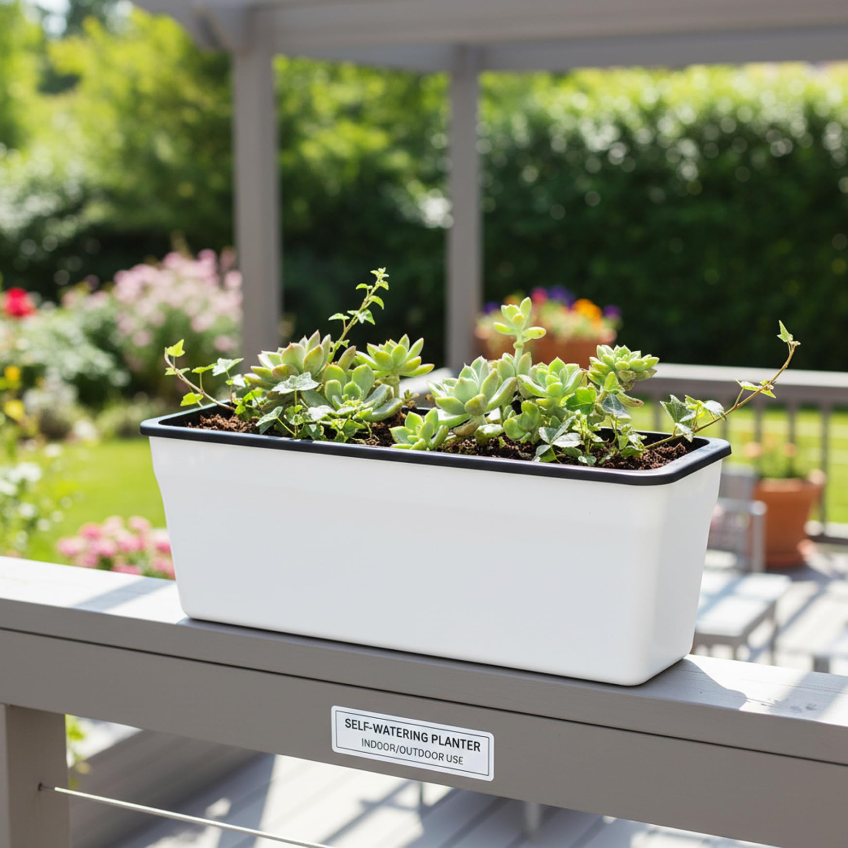 Latemeia White Self Watering Plant Pots, 17X6 Inch Plastic Rectangular Planter Automatic Watering Window Planter For Herbs, Flowers, Succulents, Windowsill, Self