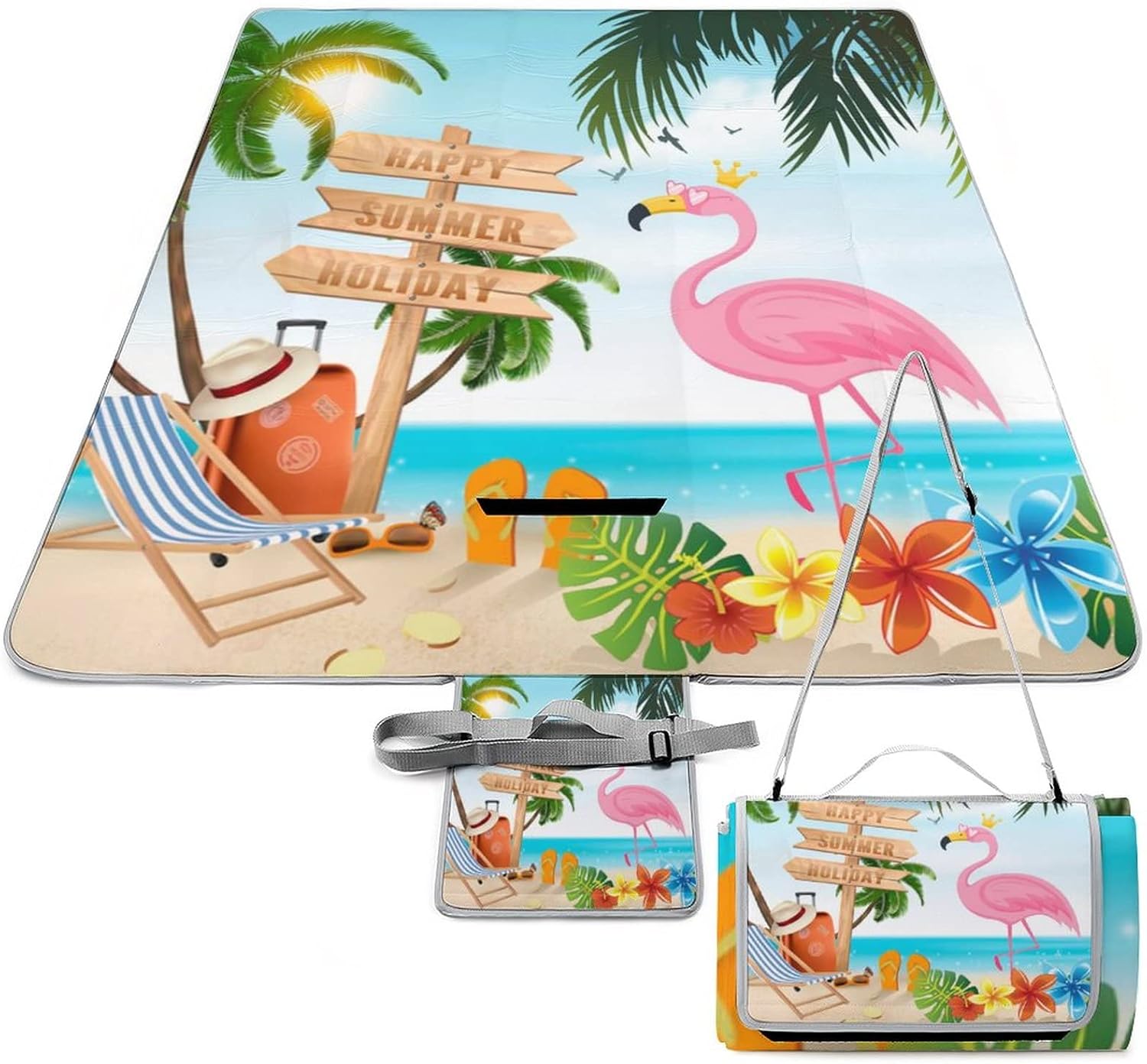Tropical Orchid Flamingo Outdoor Picnic Blanket Watercolor Romantic Pink Animal Flamingo Watercolor Flower for The Beach Camping on Grass Waterproof Sandproof 58.3x58.3 Inch