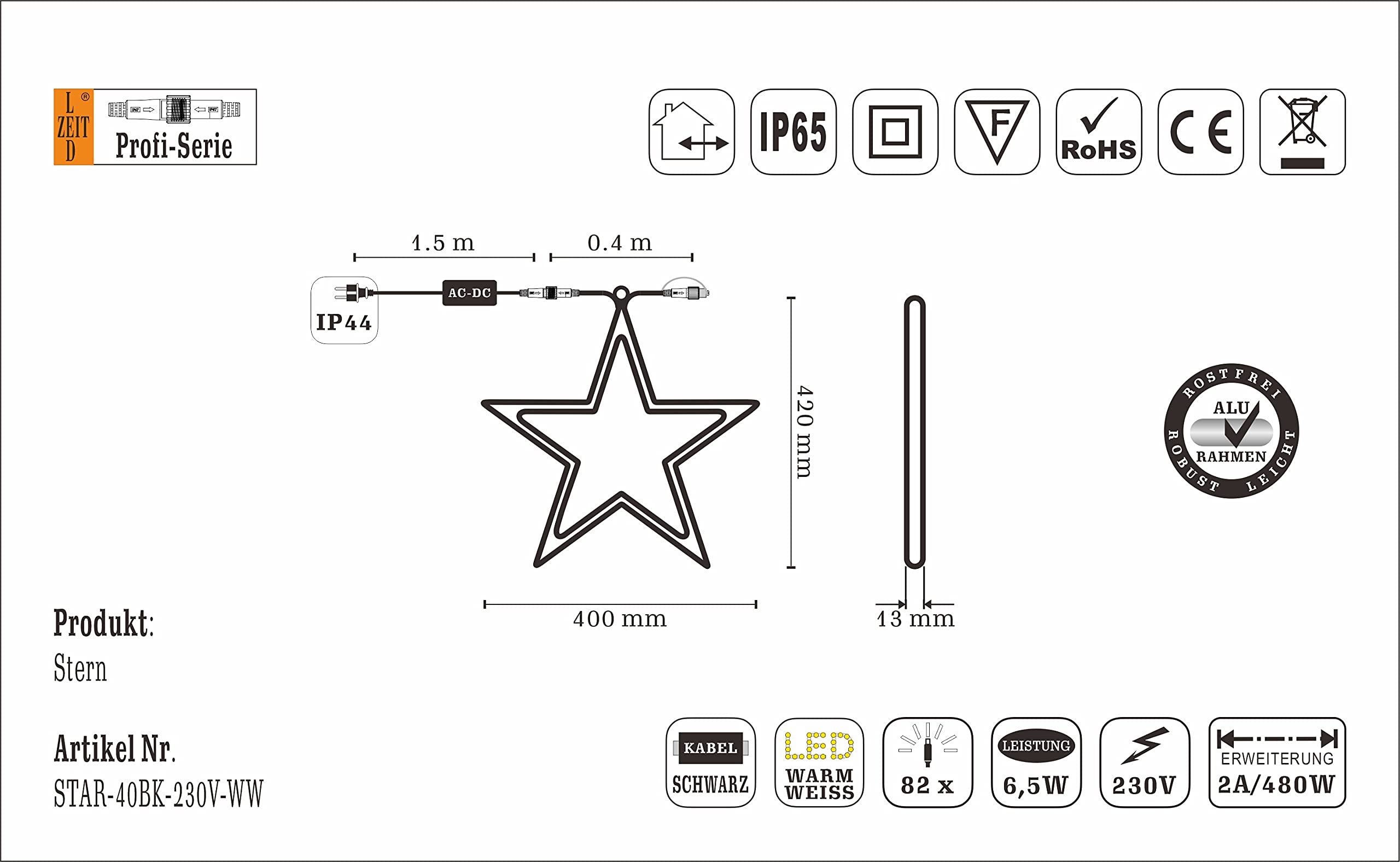 Profi Serie - Étoile LED de Noël, extérieur et intérieur, blanc chaud, 42 x 40 cm, double couche, étanche IP65, cadre en aluminium inoxydable, dimmable, fenêtre, balcon, jardin, décoration