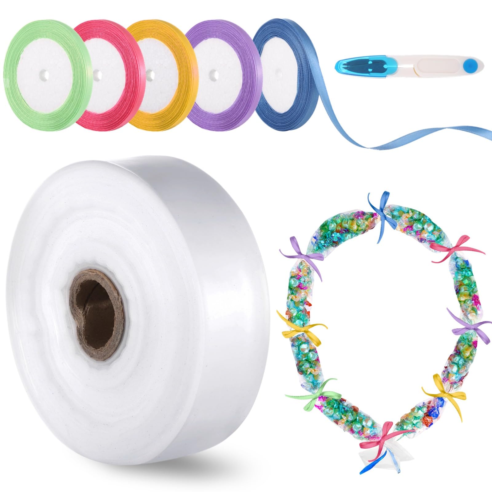 Poly-Tubing mit Band und Schere, 2 Zoll B x 656 Fuß L, Graduation Candy Lei Schlauchbeutel, Füllmaterial für Süßigkeiten und Desserts, Zuschnittverpackung für Lebensmittel und Elektronik