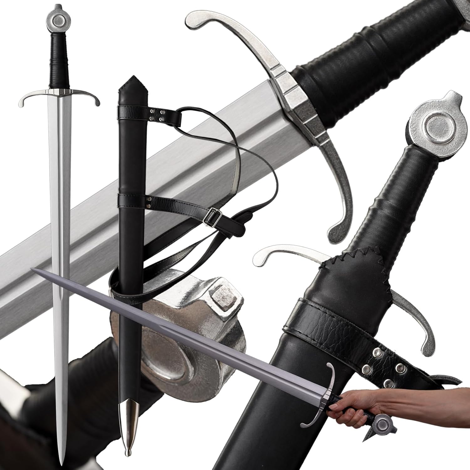 36inch Handmade Medieval Knight Real Viking Arming Sword Riveted Single-Handed Full Tang Hand and A Half with Black Scabbard/Sheath