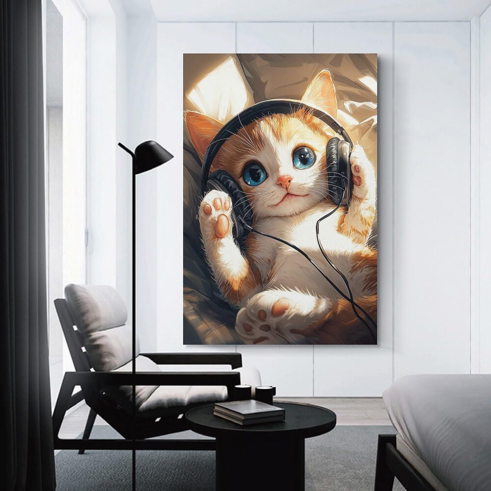 Junmoney Wall Picture Print Cute Cat with Headphones, 20x30inch(50x75cm), for Hallway, Bedroom Or Modern Interiors, Thoughtful Wall Decor for Art Lovers