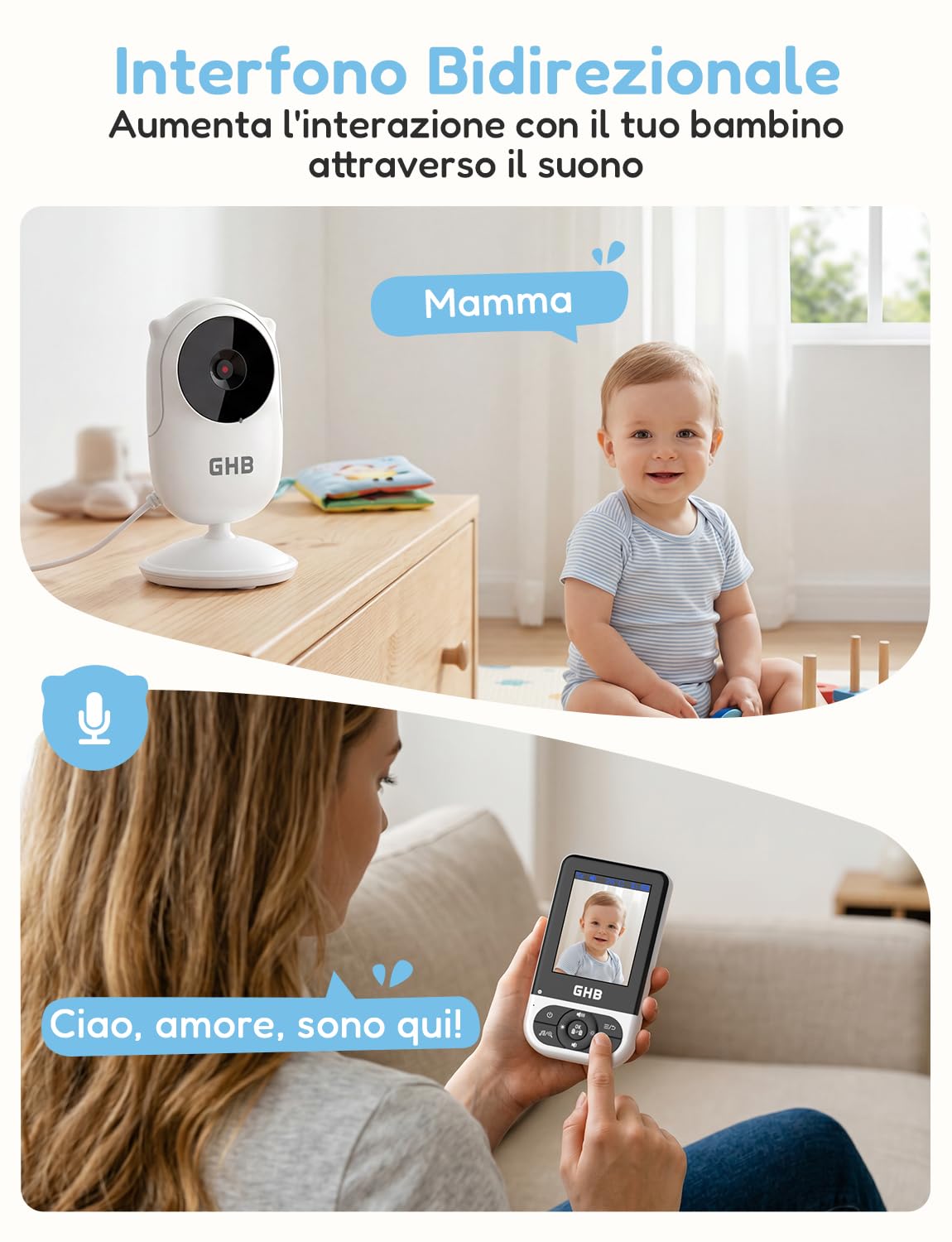 GHB Baby Monitor Video e Audio 2,8'', Telecamera Bambini con Monitor Visione Notturna, Audio Bidirezionale, Rilevamento della Temperatura, Promemoria per l'alimentazione, Ninna Nanna, Nero