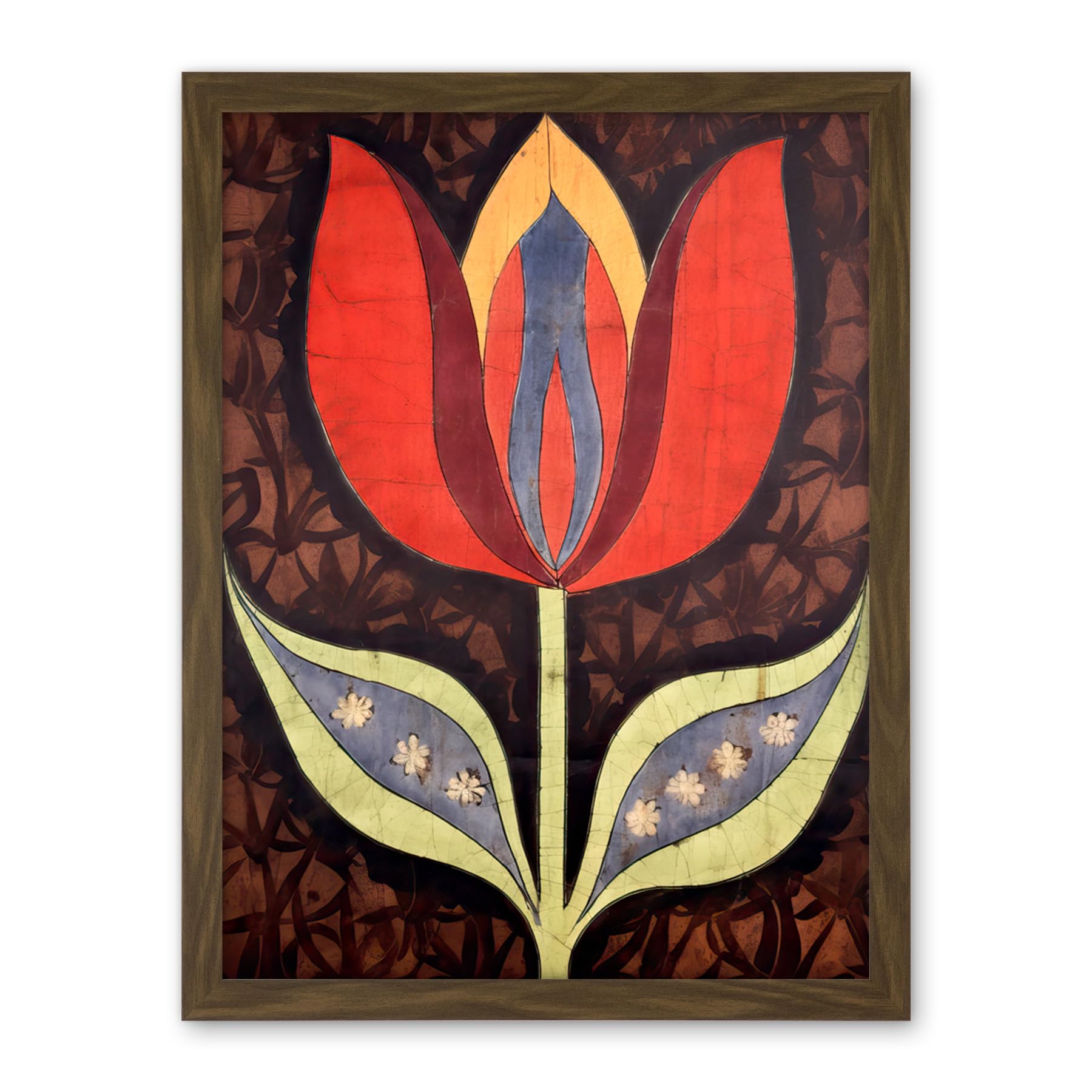 Artery8 A Single Tulip Flower Batik Style Pattern Folk Art Artwork Framed Wall Art Print 18X24 Inch