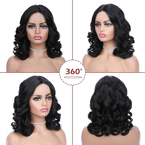 Miniatura 4 de HANNE Pelucas cortas y rizadas para mujeres negras, peluca sintética ondulada con parte de encaje, parte en medio, 14 pulgadas, resistente al calor,