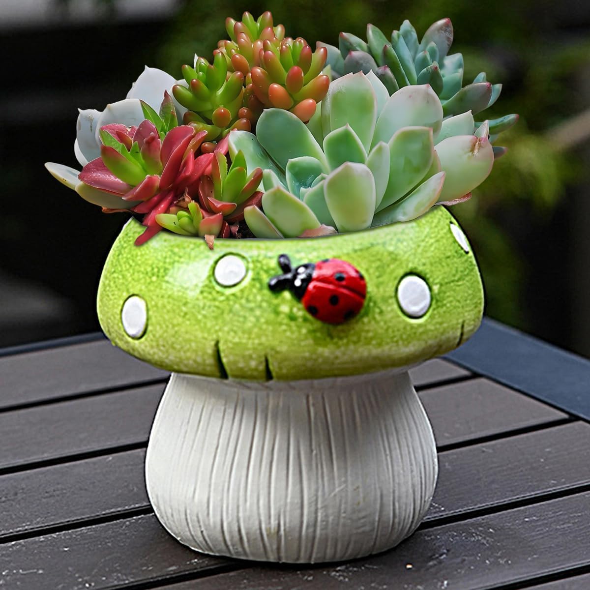 Cute Ceramic Mushroom Planter with Ladybug, Unique Succulent Planter Fun Flower Pot, Decorative Plant Pot for Indoor Outdoor Plants Home Garden Office Desk Decorations (Green)