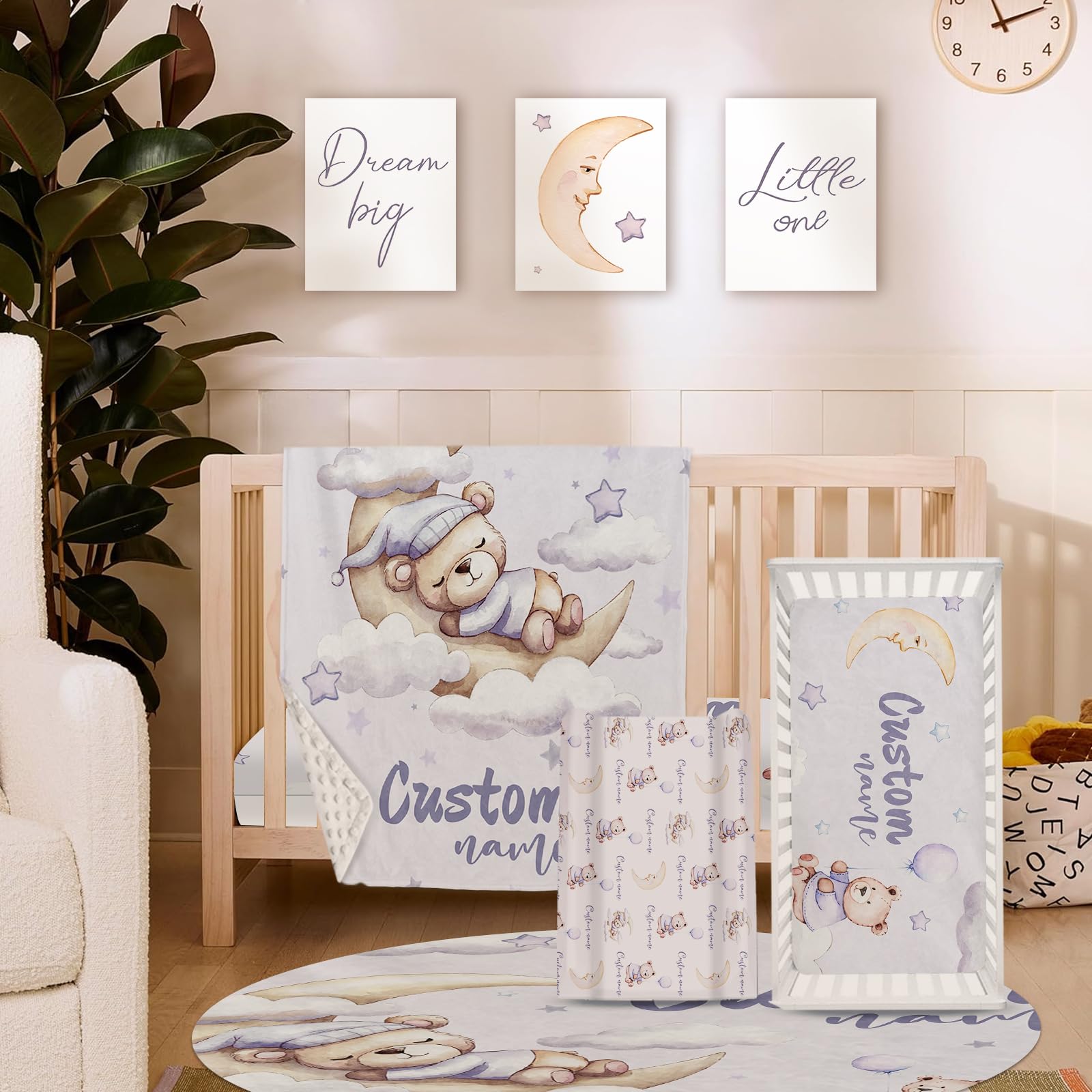 HSHRYY Custom Baby Crib Bedding Set - 5-Piece Personalized Baby Name Bedding for Toddler or Infant Girls, Adorable Sleeping Bear Moon Nursery Set, Perfect Baby Gift