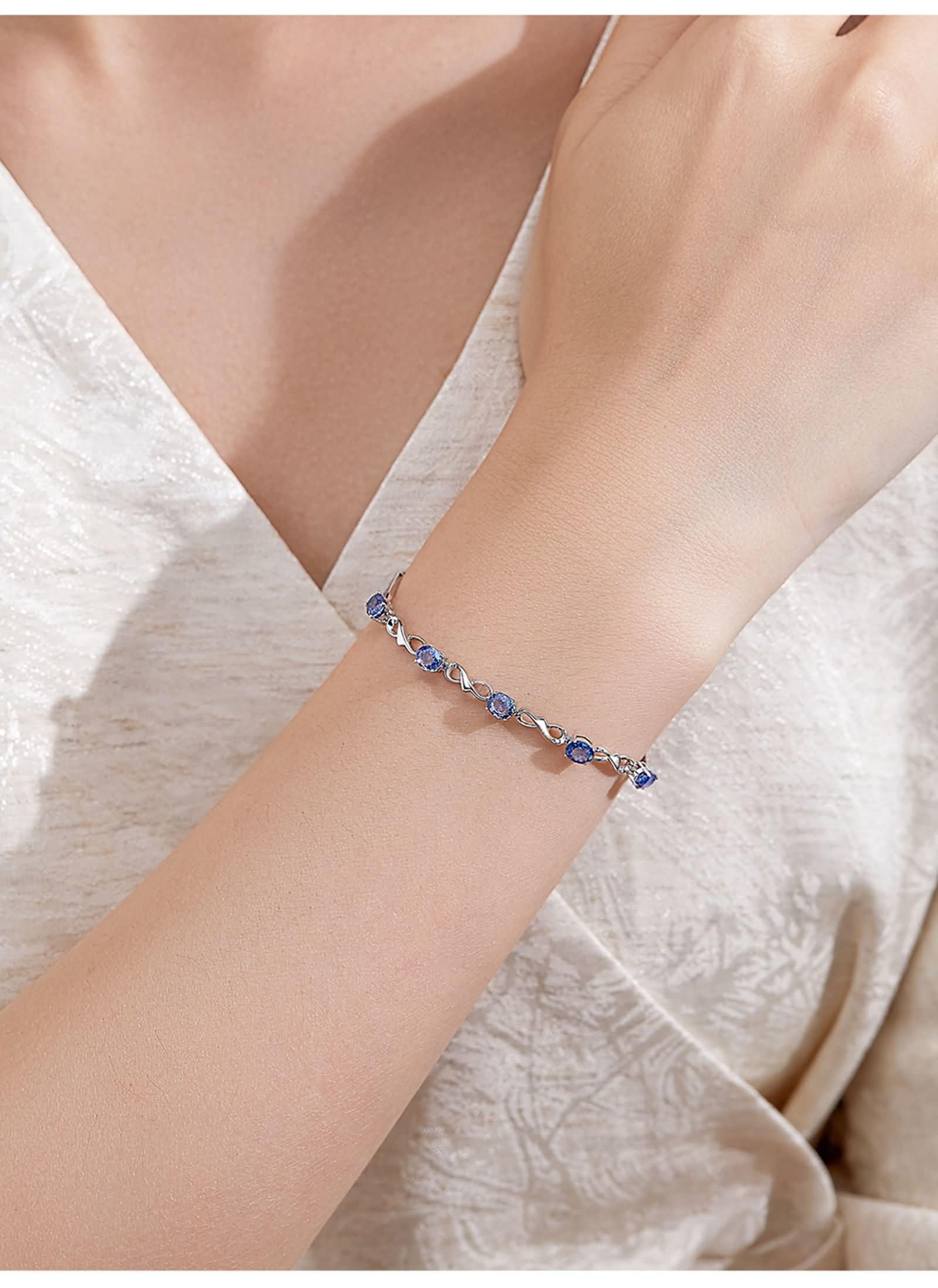 Pulseras de zafiro para mujer, infinito con zafiro, pulseras de oro blanco de 14 quilates para mujer, 20 + 3 cm