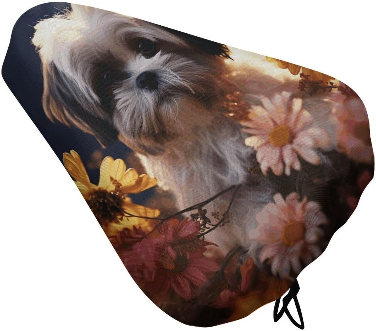 Shih Tzu Dog and Flowers Bike Seat Cover Water-Repellent Exercise Bike Seat Cushion Bicycle Saddle Cover with Drawstring Rain Snow Dust Covers for City Mountain Road Biking