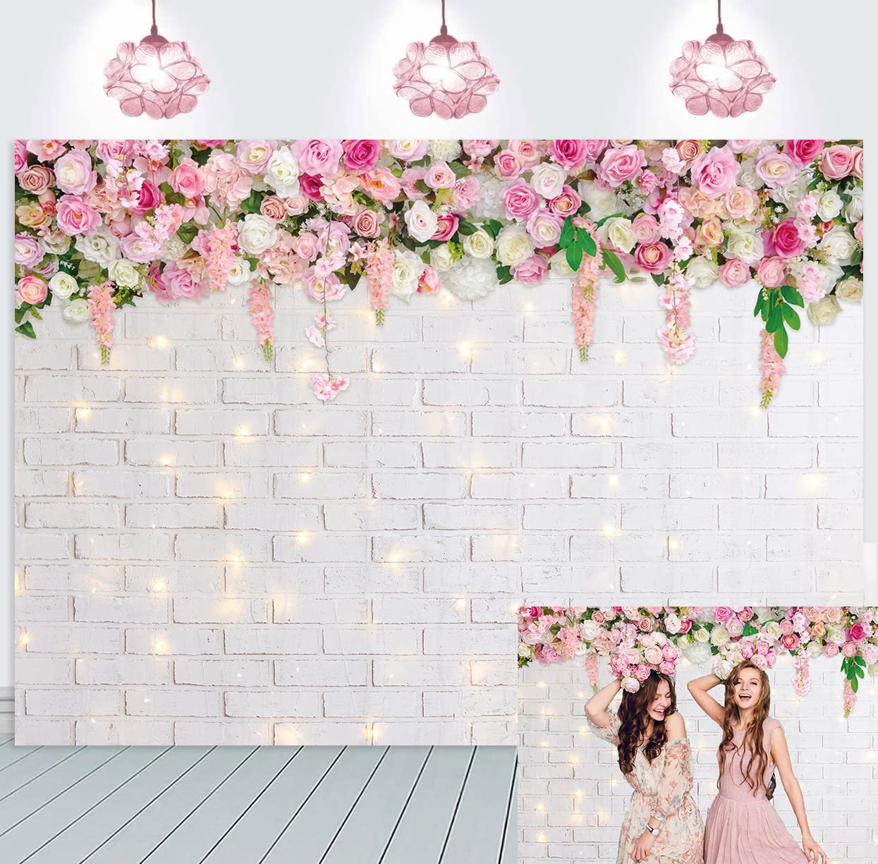 Glitter White Brick Wall Flowers Backdrop for Photography Wedding Birthday Party Baby Showers Decorations Background Photo Booth Studio Props (8x6ft)
