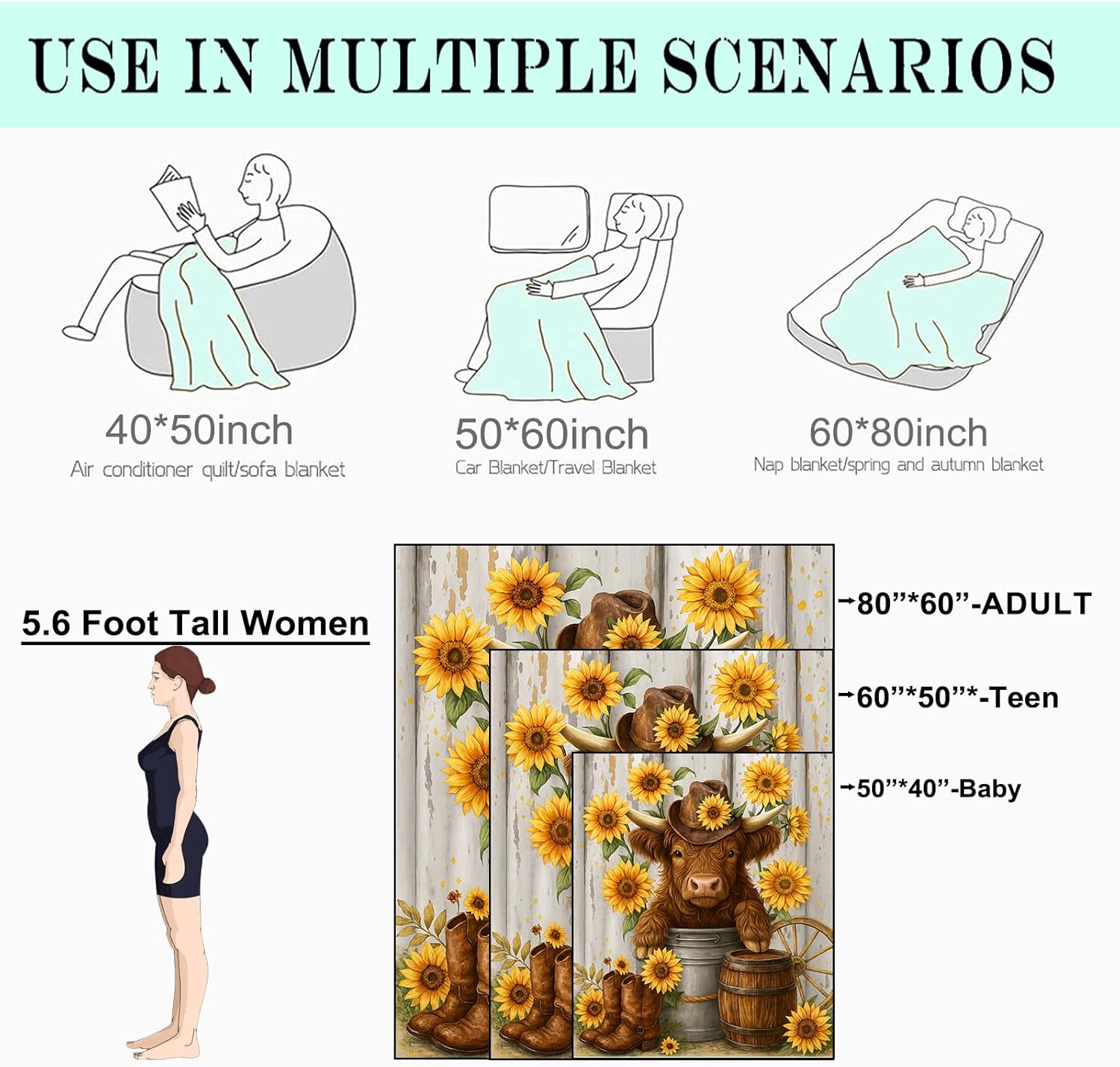 Highland Cow Fleece Blanket,60x80in,Country Western Cowboy Hat Sunflower Boot Barrel Throw Blankets,Soft Cozy Lightweight, Ideal for Bed Living Room Home Farmhouse Lovers Decor,Gifts