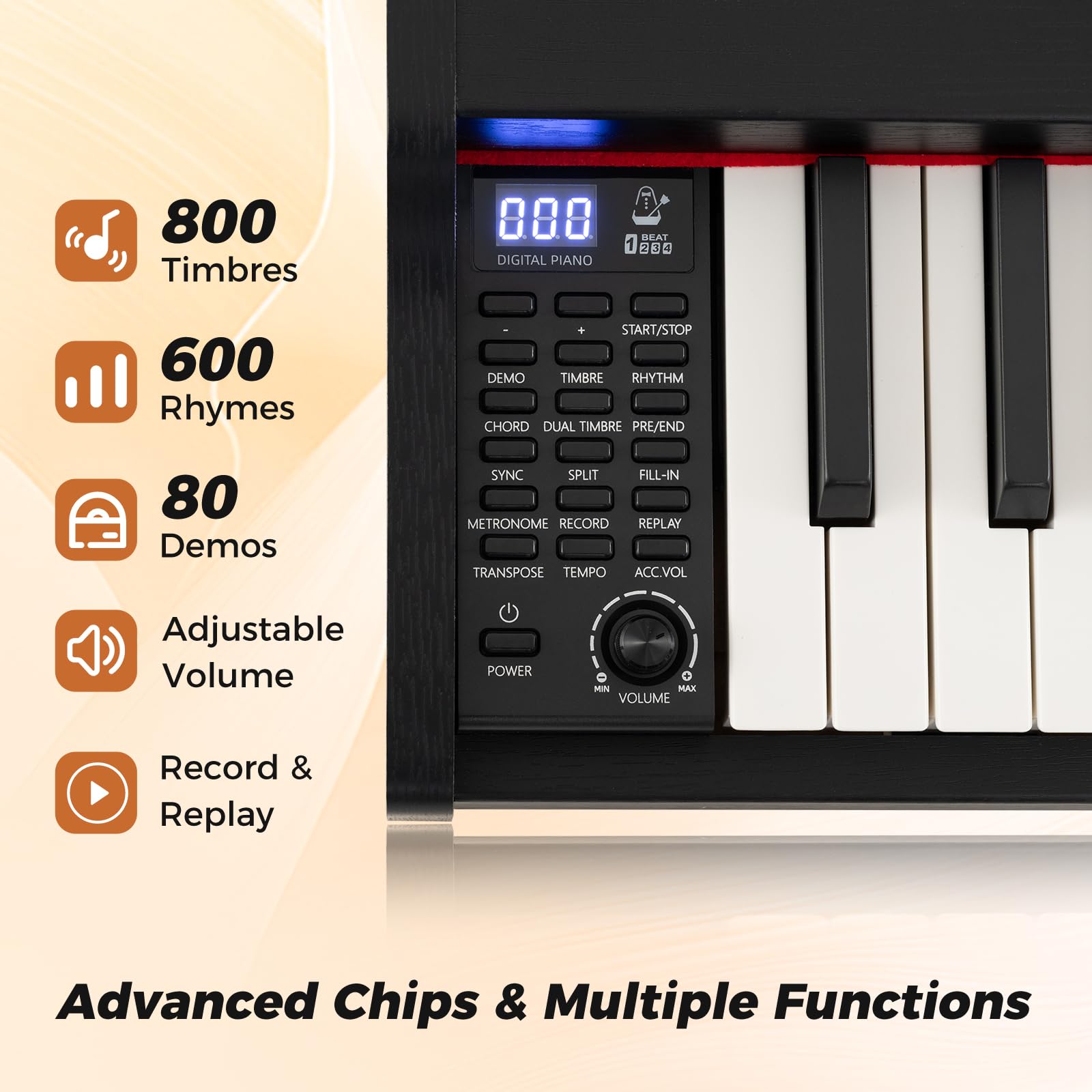 Piano Digitale a 88 Tasti, Tastiera Elettrica Semipesata di Misura Completa con Supporto Regolabile, Tre Pedali, Doppie Casse (Black)