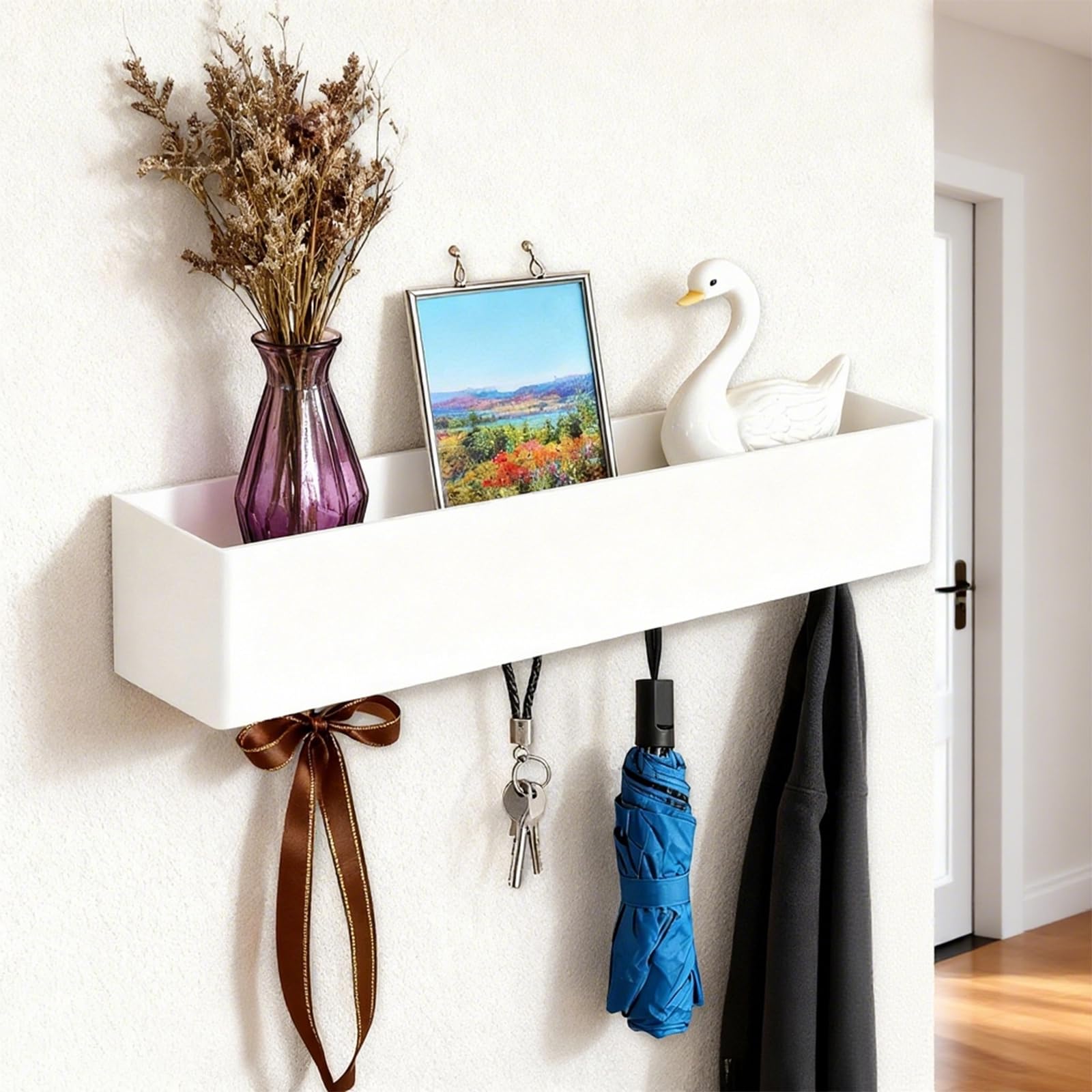 Perchero de Pared con Estante, 43,5 cm, Moderno Colgador de Pared Para Abrigos con 5 Ganchos Ocultos, Perchero Pared Blanco para Entrada, Salón y Dormitorio