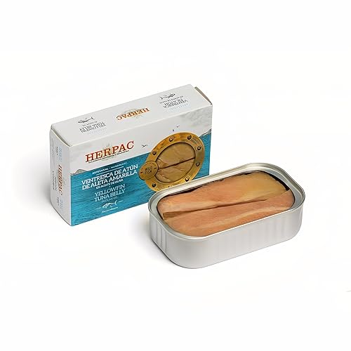 Vientre de atún de aleta amarilla en aceite de oliva, 4.23 oz (120 g) | Atún gourmet premium de HERPAC (paquete de 1)